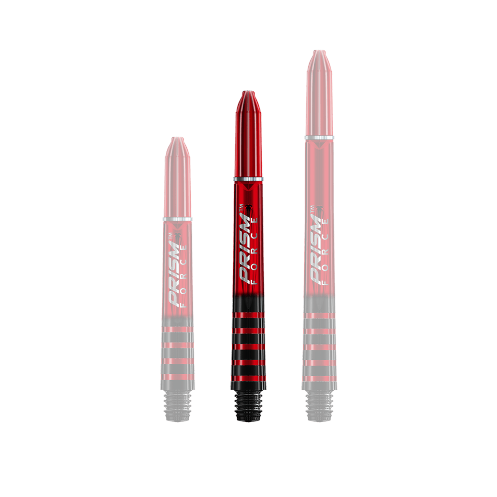 7020-404_Winmau_Prism_Force_Shafts_Rot_41mm_18X1SIMfP5zhBR Auf dem Bild sind drei rote Dartschäfte in unterschiedlichen Längen zu sehen. Alle drei tragen die Aufschrift "PRISM FORCE" und haben schwarze Streifen am unteren Ende.