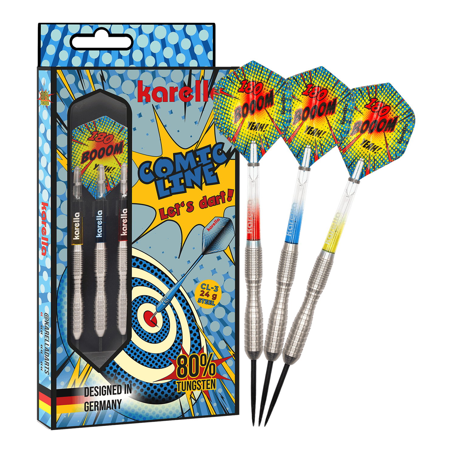 Dardos de acero Karella Comic Line CL-3 - 24 g Das Bild zeigt das Produkt Karella Comic Line CL-3 Steeldarts - 24g in voller Länge. Die Steeldarts sind klar zu erkennen.