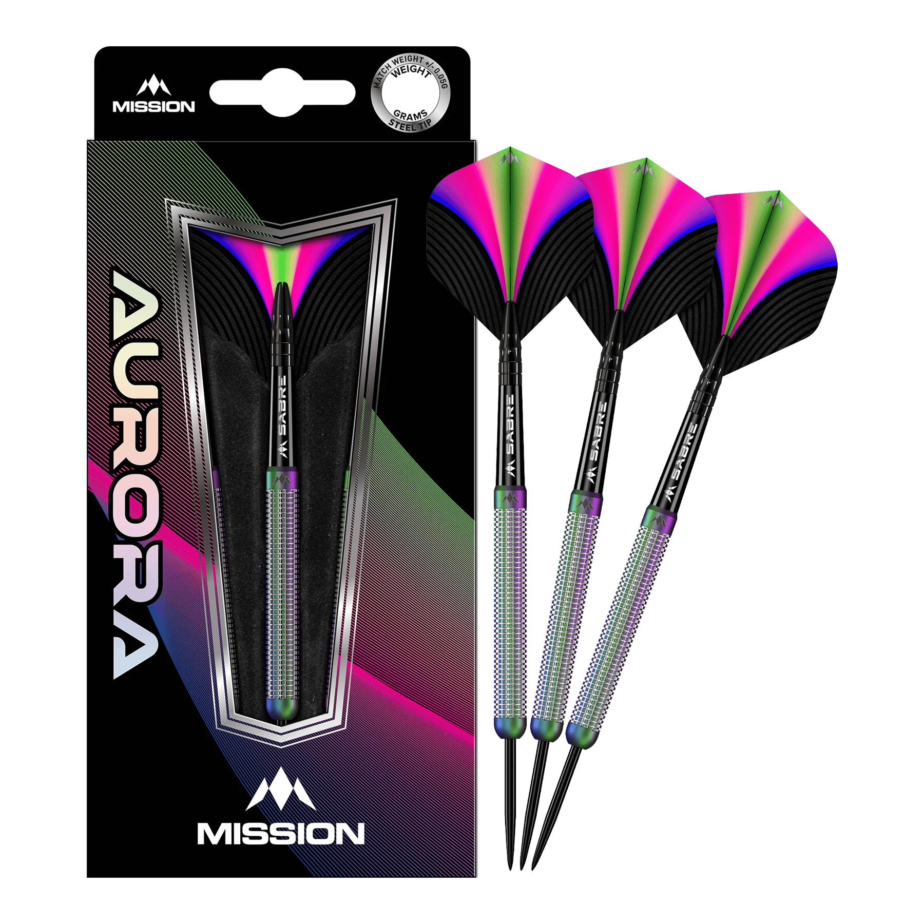 Das Bild zeigt eine Packung mit Mission Aurora Coral PVD Steeldarts in 23g. Die Darts haben ein auffälliges, buntes Design mit schwarzen, grünen, pinken und blauen Akzenten.