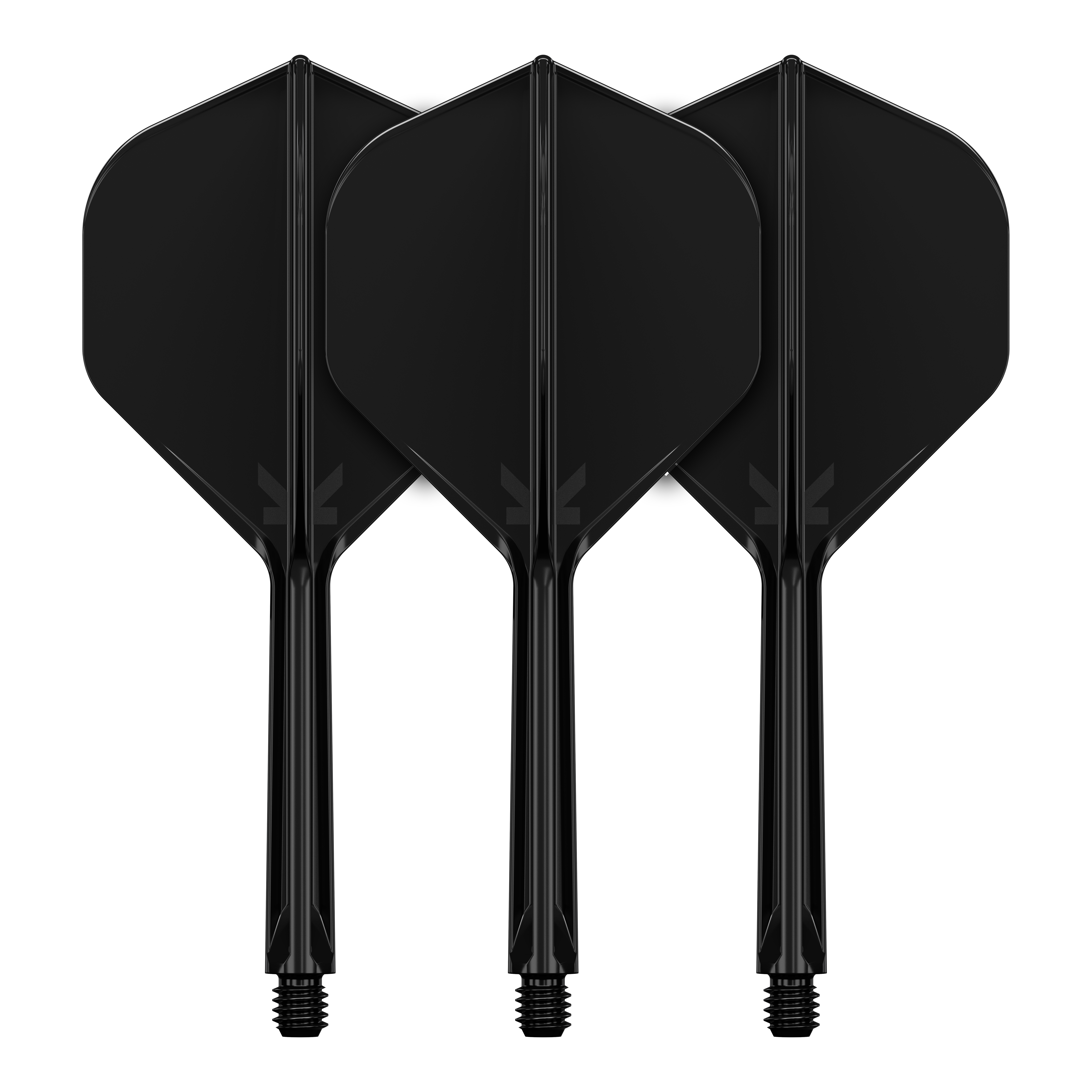Sistema de vuelo estándar Target K-Flex No2 - Negro Auf dem Bild sind drei schwarze Dartflights mit Schaft zu sehen. Sie stehen nebeneinander und haben eine standardmäßige, gerade Form.