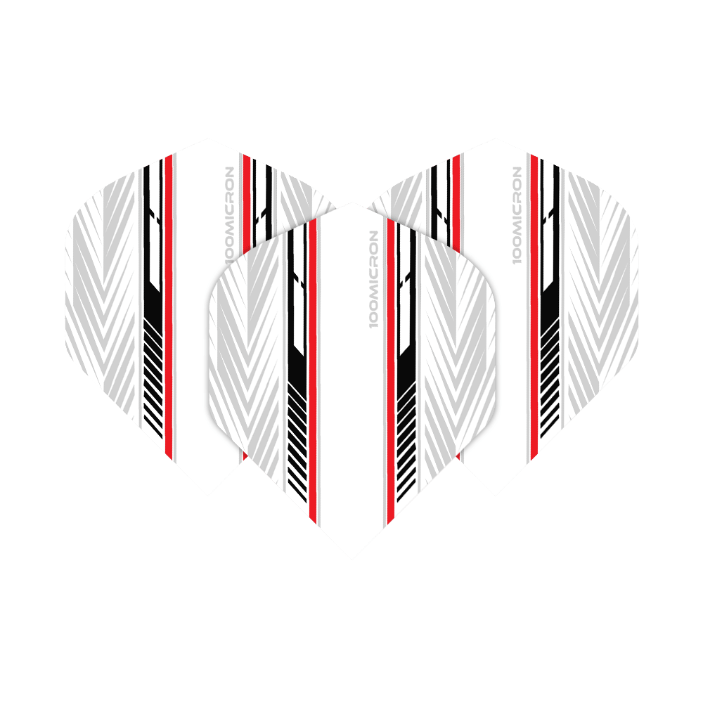 Vuelos de pentatlón blanco/negro/rojo Das Bild zeigt die Pentathlon White Black Red No2 Standard Flights. Die Flights haben ein weißes Grunddesign mit schwarzen und roten Streifen sowie grafischen Mustern.