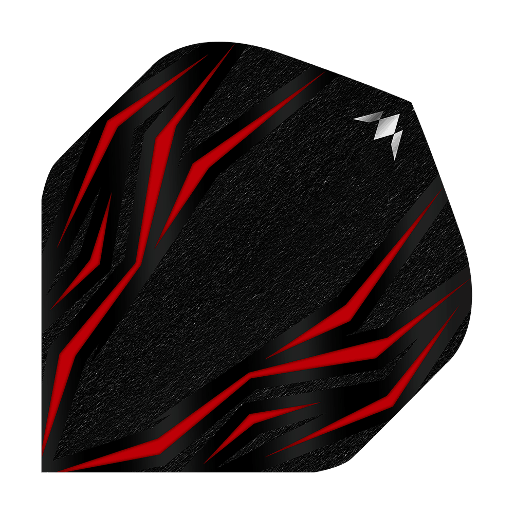 Vuelos estándar de Mission Lava Red No2 Das Bild zeigt ein schwarzes Dartflight mit roten, flammenartigen Linien. In der oberen rechten Ecke befindet sich ein kleines, silbernes Logo.
