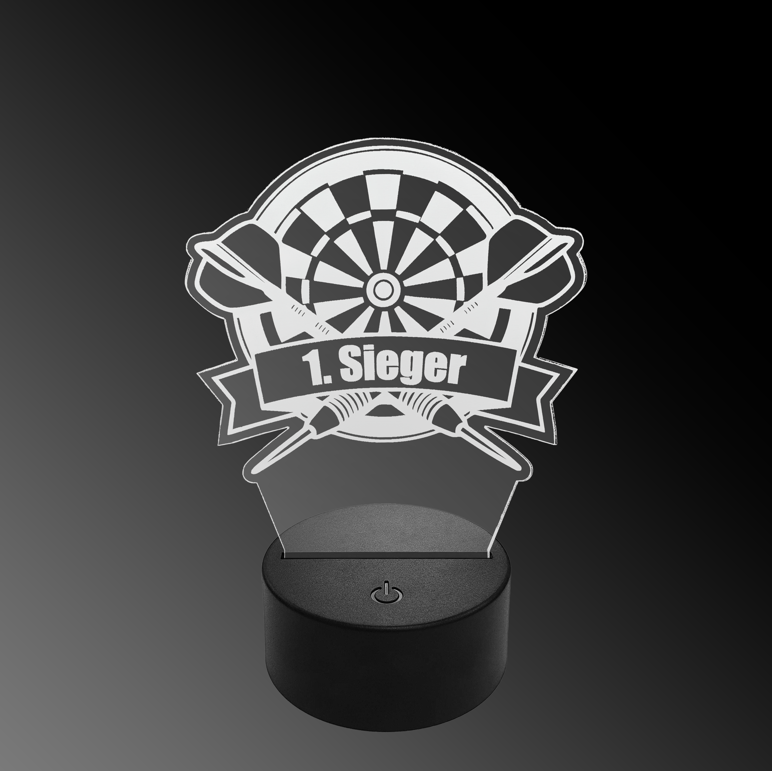 Lámpara de dardo LED de plexiglás con texto personalizado Das Bild zeigt eine LED-Lampe mit einem Plexiglasaufsatz in Form eines Dartboards und zwei gekreuzten Darts. Auf dem Schild steht "1. Sieger" geschrieben.