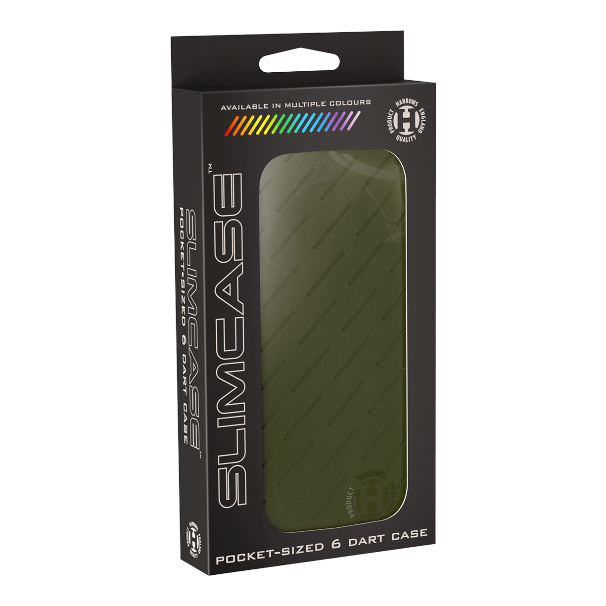 Estuche para dardos Harrows Slimcase Die Abbildung zeigt eine grüne Slimcase Darttasche in ihrer Verpackung. Auf der Verpackung steht "Pocket-sized 6 Dart Case" und sie ist in mehreren Farben erhältlich.
