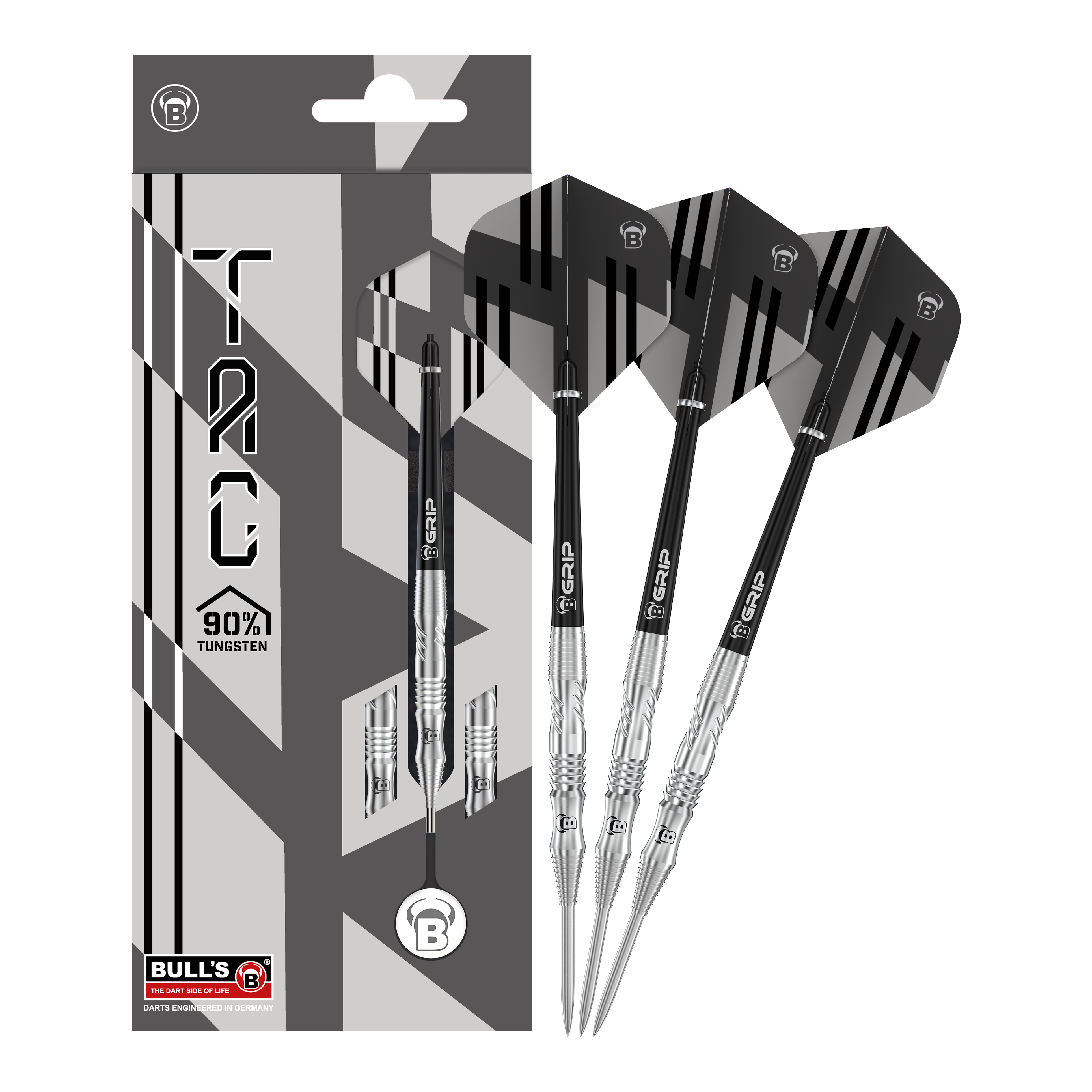 Dardos de acero Bulls Tac T1 Das Bild zeigt die Bulls Tac T1 Steeldarts zusammen mit ihrer Verpackung. Die Darts bestehen zu 90% aus Tungsten und haben ein modernes, schwarz-silbernes Design.
