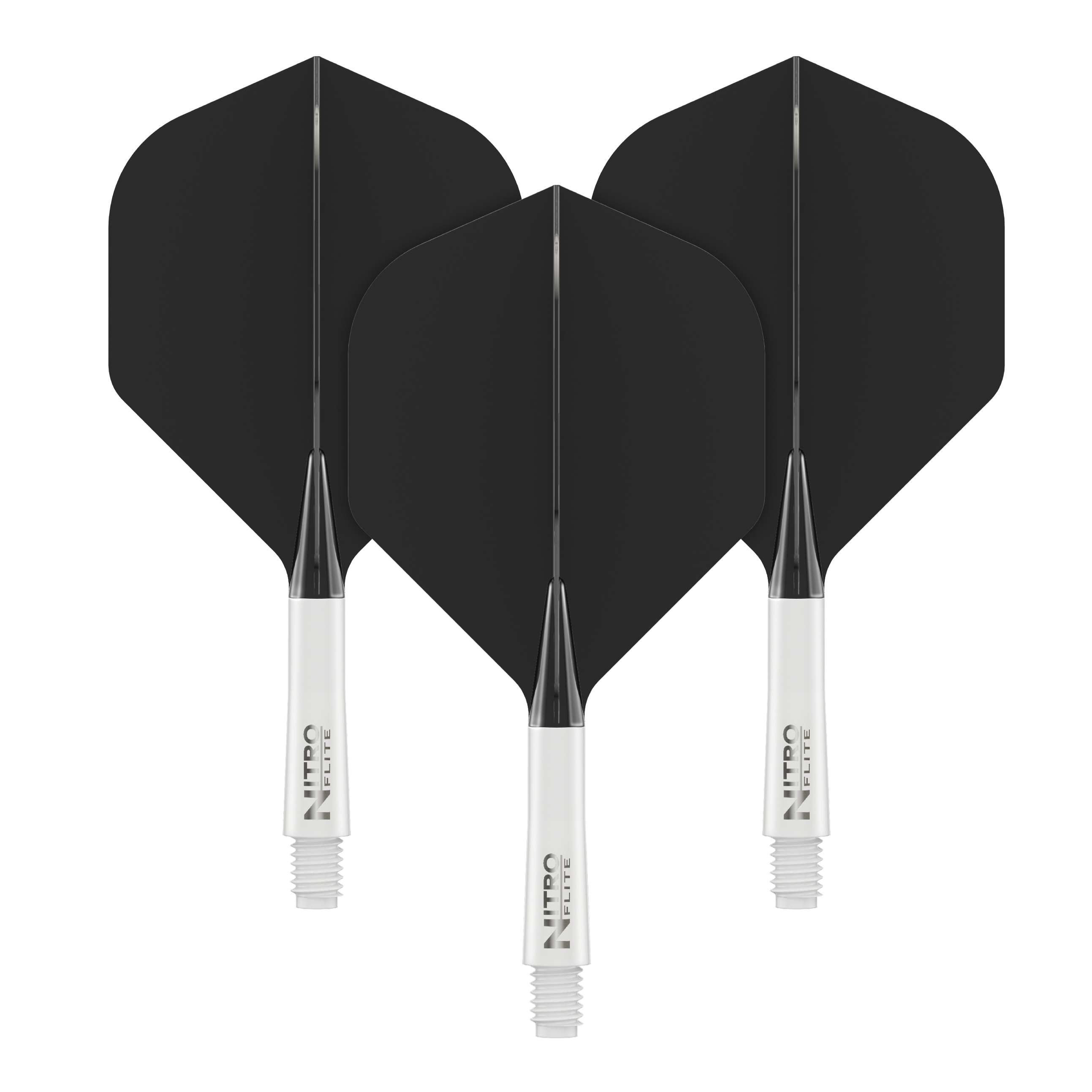 Red Dragon Nitroflite - Eje blanco, plumas negras nº 2 Auf dem Bild sind drei schwarze Dartflights mit weißen Schäften zu sehen. Auf den Schäften steht der Schriftzug „NITRO FLITE“.