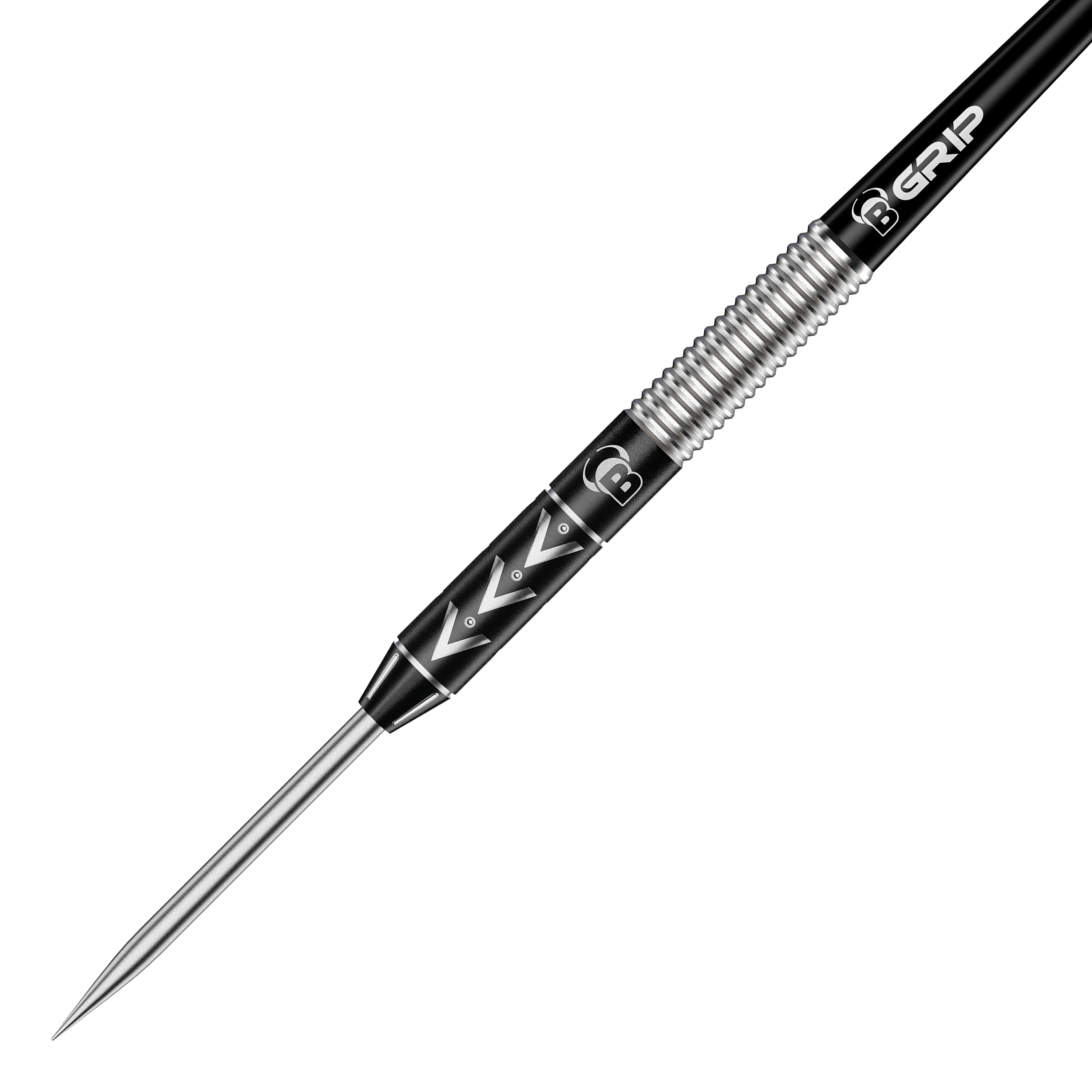 Dardos de acero Bulls Challenger Arno Merk - 22 g Das Bild zeigt einen Bulls Challenger Arno Merk Steeldart mit einem Gewicht von 22g. Der Dartpfeil hat ein silber-schwarzes Design mit markanten Rillen und einem spitzen Metallende.