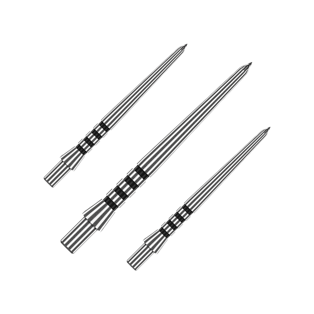 X0681_Red_Dragon_Venom_Steeldartspitzen_1 Das Bild zeigt drei silberne Steeldartspitzen mit schwarzen Rillen. Es handelt sich um das Produkt "Red Dragon Venom Steeldartspitzen".