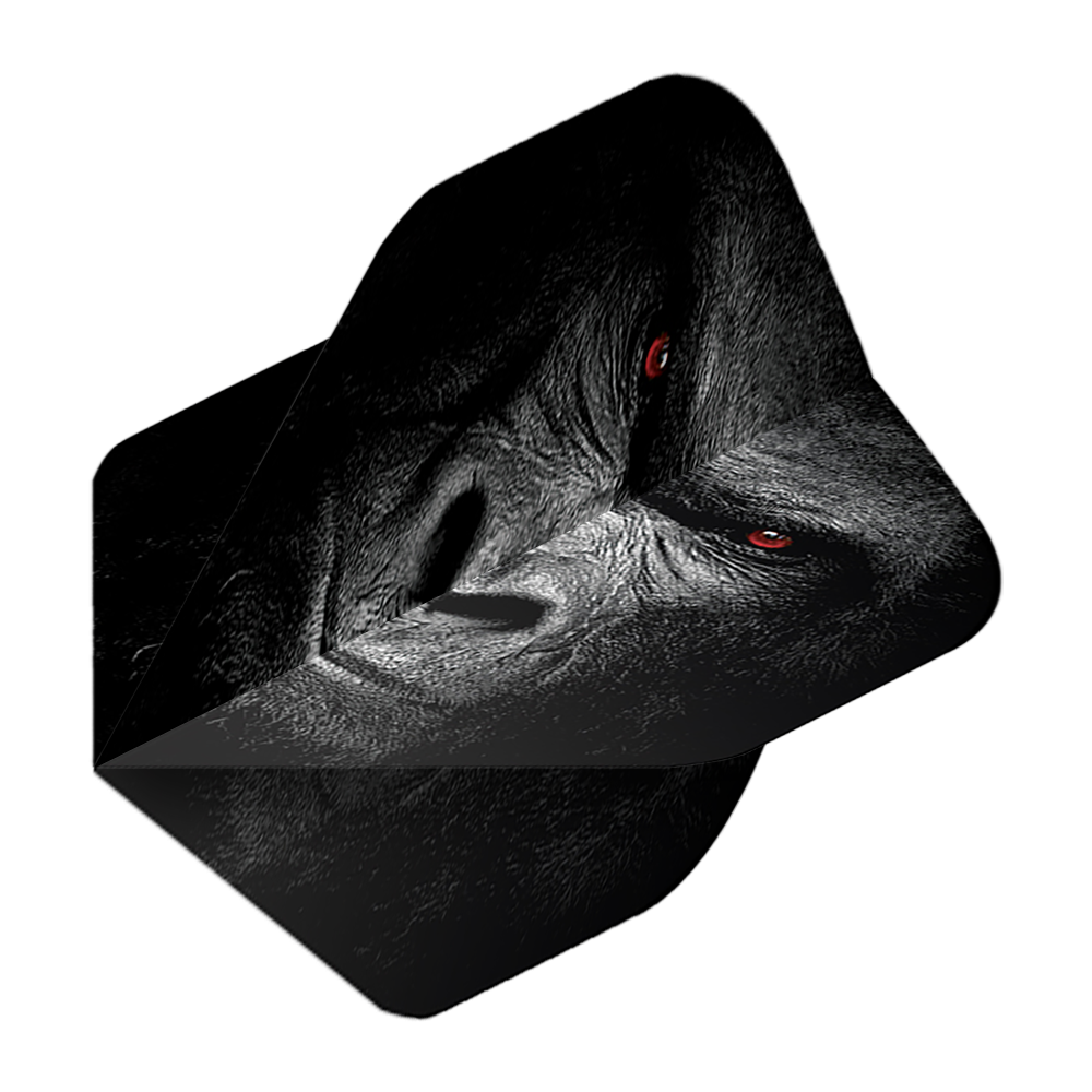 Vuelos de pentatlón Gorila Das Bild zeigt das Produkt "Pentathlon Gorilla No2 Standard Flights". Auf dem Flight ist das Gesicht eines Gorillas mit markanten roten Augen abgebildet.