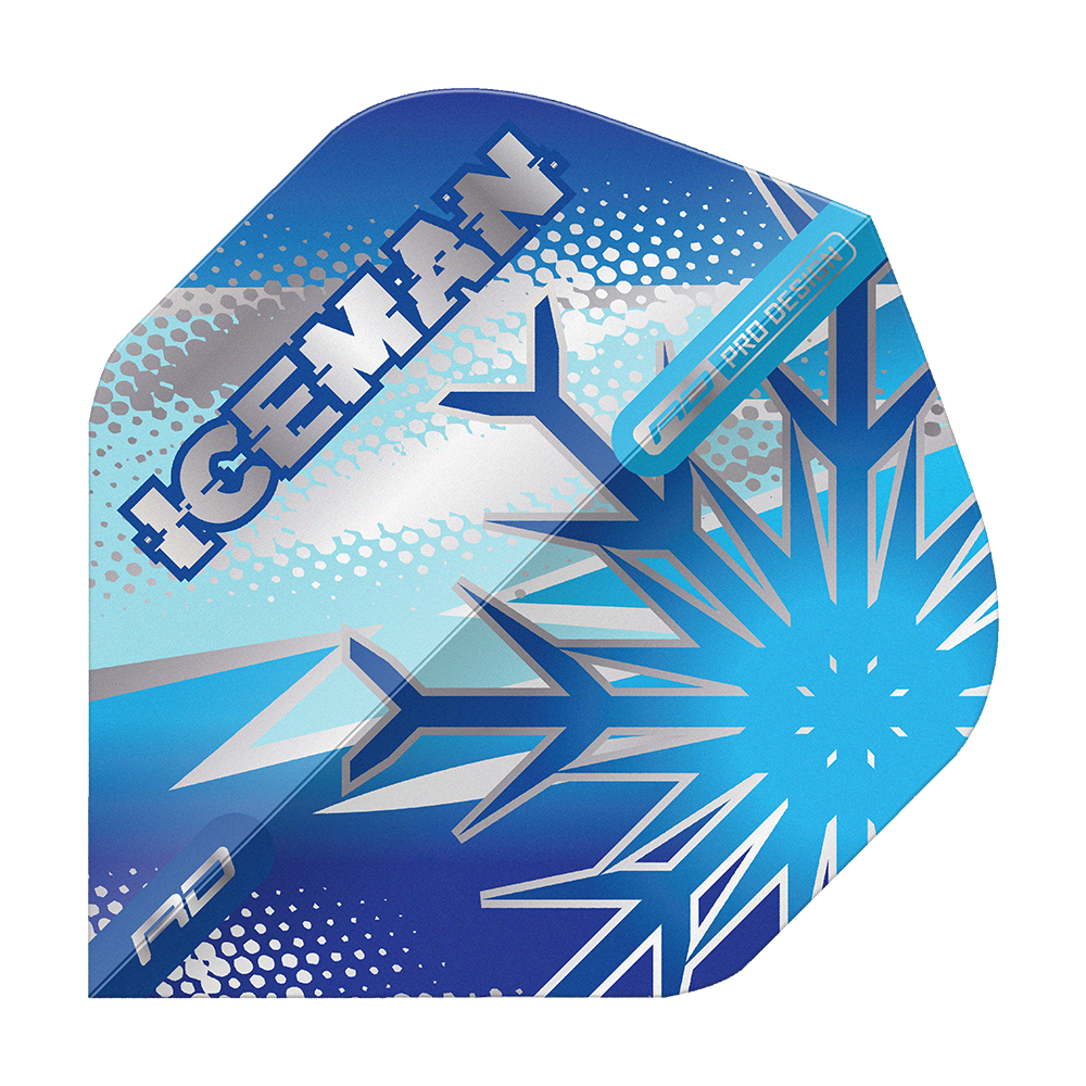 Red Dragon Gerwyn Price Blue Flake No2 Vuelos Estándar Das Bild zeigt ein Dart-Flight mit frostigem, blauem Design und einer großen Schneeflocke. Auf dem Flight steht das Wort "ICEMAN" in auffälligen Lettern.
