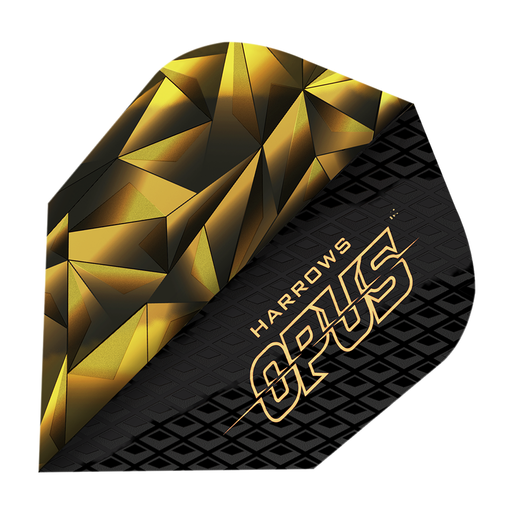 Vuelos de Harrow's Opus Versión 1 Dies ist ein Bild des Produkts "Harrows Opus Version 1 Flights". Das Flight-Design ist schwarz-golden mit geometrischen Mustern und dem Schriftzug "HARROWS OPUS".