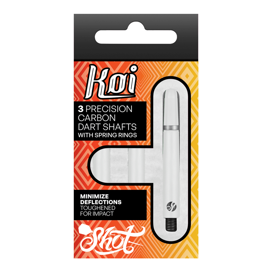 Flechas de carbono Shot Koi - Blancas Die Verpackung zeigt drei präzise Carbon-Dartschäfte mit Sprengringen der Marke Koi. Sie sind darauf ausgelegt, Ablenkungen zu minimieren und sind für hohe Schlagfestigkeit verstärkt.