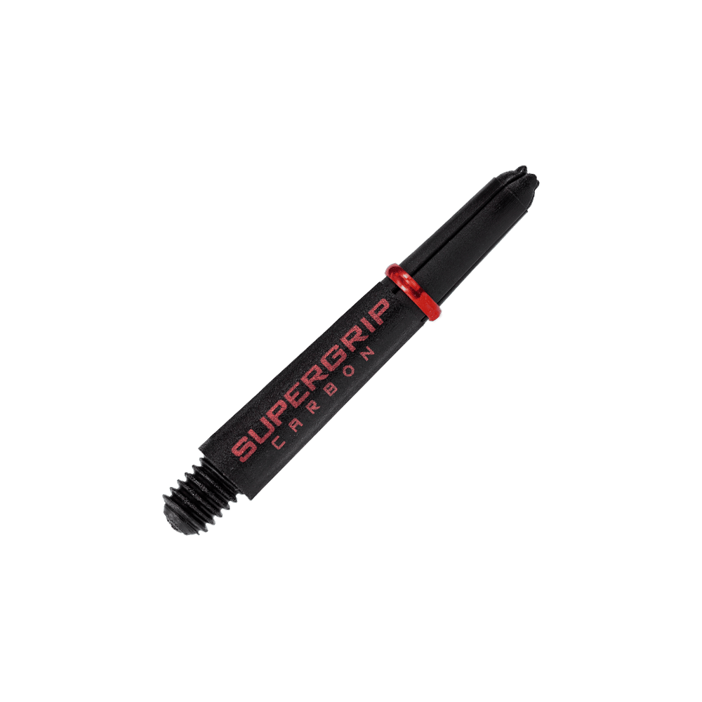 HR357_Harrows_Supergrip_Carbon_Shafts_Rot_33mm_2 Das Bild zeigt einen Harrows Supergrip Carbon Shafts in Rot. Der Schaft ist schwarz mit roter Schrift und einem roten Ring.