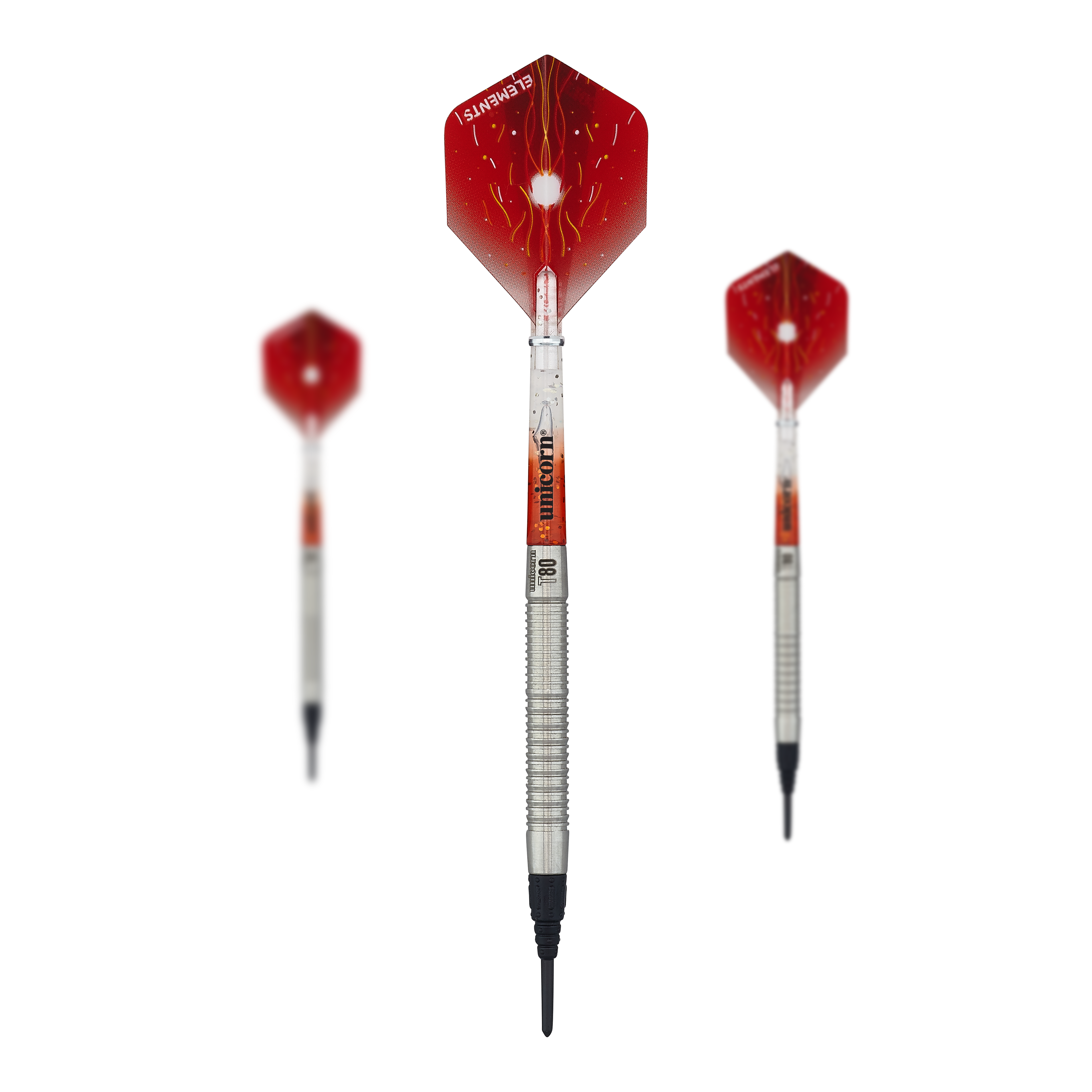 Das Bild zeigt drei Softdarts des Modells "Unicorn Core XL Striker Style 1" mit einem Gewicht von 19g. Die Flights der Darts sind rot mit einem Blitzdesign, und die Schäfte sind silbern.
