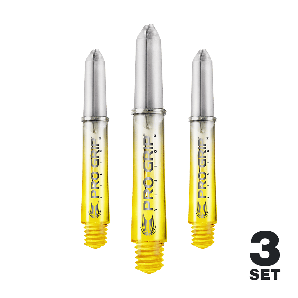 Varillas Target Pro Grip Vision - 3 juegos - Amarillas Auf dem Bild sind drei gelbe Pro Grip Vision Shafts für Darts zu sehen. Unten rechts steht, dass es sich um ein 3er-Set handelt.