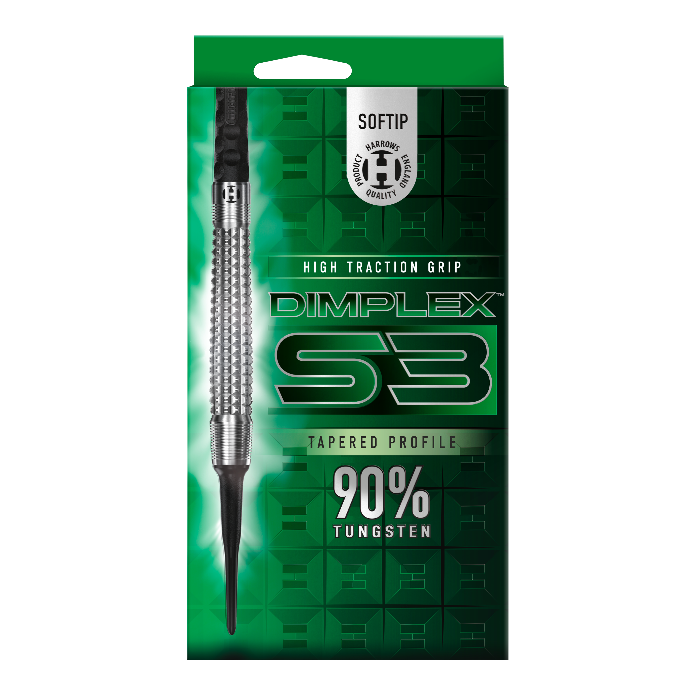 Dardos suaves cónicos Harrows Dimplex S3 Das Bild zeigt die Verpackung der "Harrows Dimplex S3 Tapered Softdarts". Auf der Packung steht, dass die Darts einen hohen Grip und einen 90%igen Tungsten-Anteil haben.