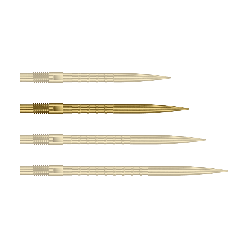 Puntas de dardos Harrows Quick Point Heavy Metal - Doradas Abgebildet ist eine einzelne goldene Dartspitze mit 30mm Länge und Metallgriff. Es handelt sich um die Harrows Quick Point Heavy Metal Grip Dartspitzen Gold 30mm.