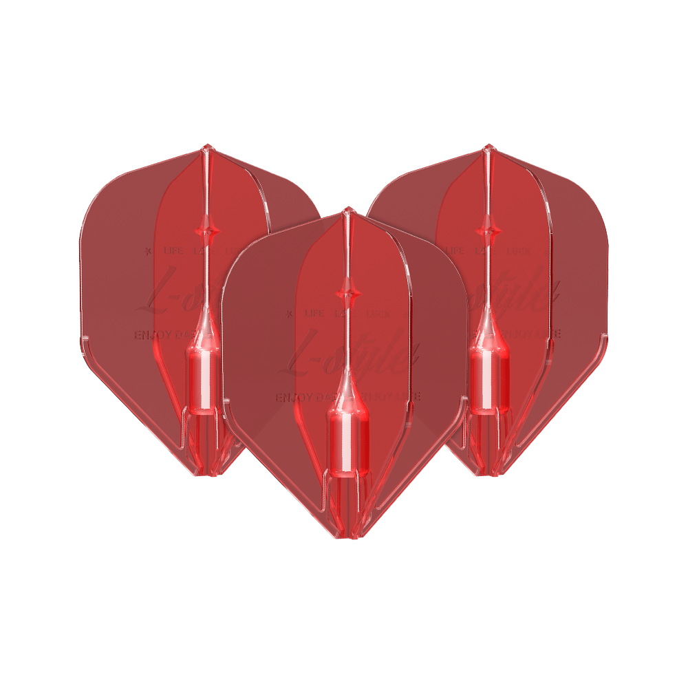 Plumas L-Style Fantom L1EZ Rojas Das Bild zeigt drei rote Dart-Flights des Modells "L-Style Fantom L1EZ". Sie sind aus durchsichtigem Material gefertigt und haben eine klassische Form.