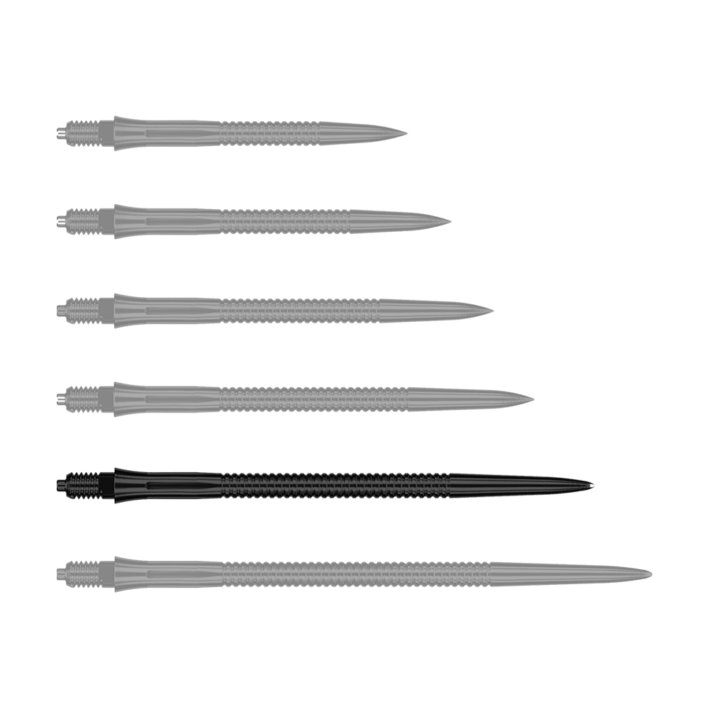 Puntas de dardo Caliburn EZ-EVO - Ranuradas - Negras Dieses Bild zeigt eine schwarze Dartspitze mit Rillenmuster, 45 mm lang. Die Dartspitze wird einzeln präsentiert.