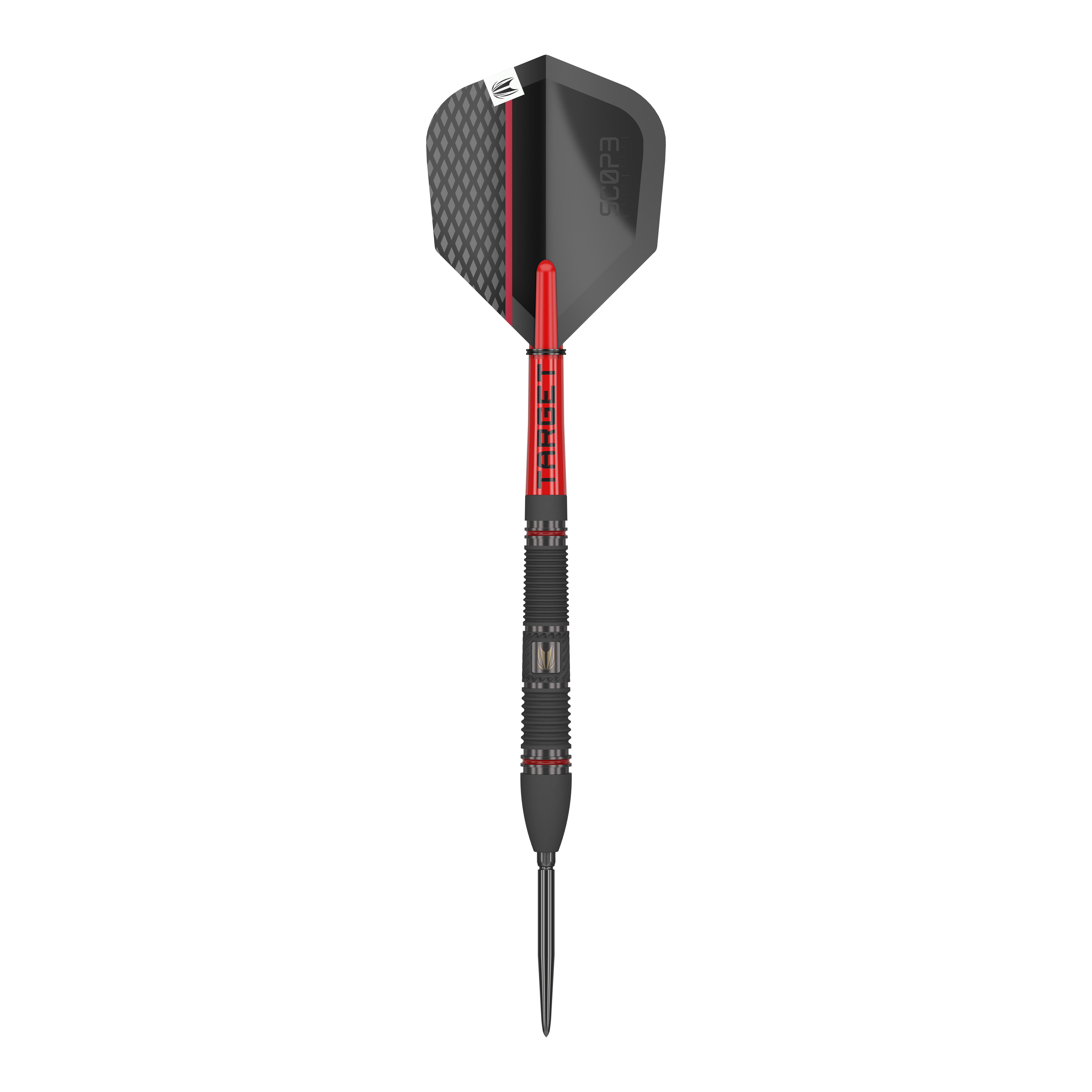 Dardos de acero Target Scope 02 Swiss Point Das Bild zeigt einen Target Scope 02 Swiss Point Steeldart. Der Dart ist schwarz und rot gestaltet und hat eine strukturierte Spitze sowie ein modernes Flight-Design.