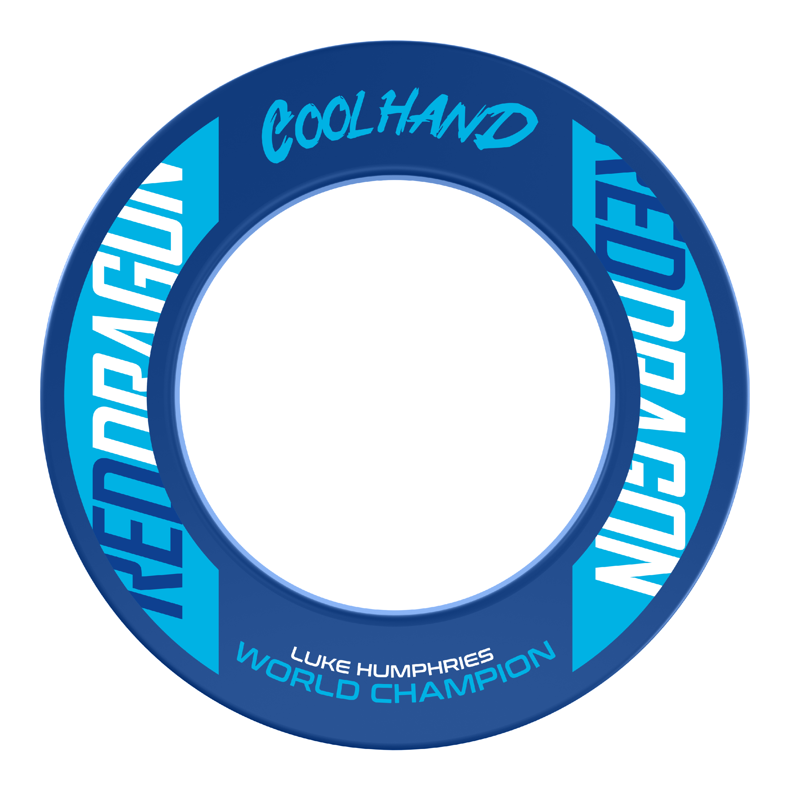 Tablero de dardos campeón del mundo Luke Humphries de Red Dragon Das Bild zeigt den "Red Dragon Luke Humphries World Champion Dartboard Surround" in Blau mit weißen und hellblauen Schriftzügen. Auf dem Produkt stehen die Wörter "Coolhand", "Red Dragon" und "Luke Humphries World Champion".
