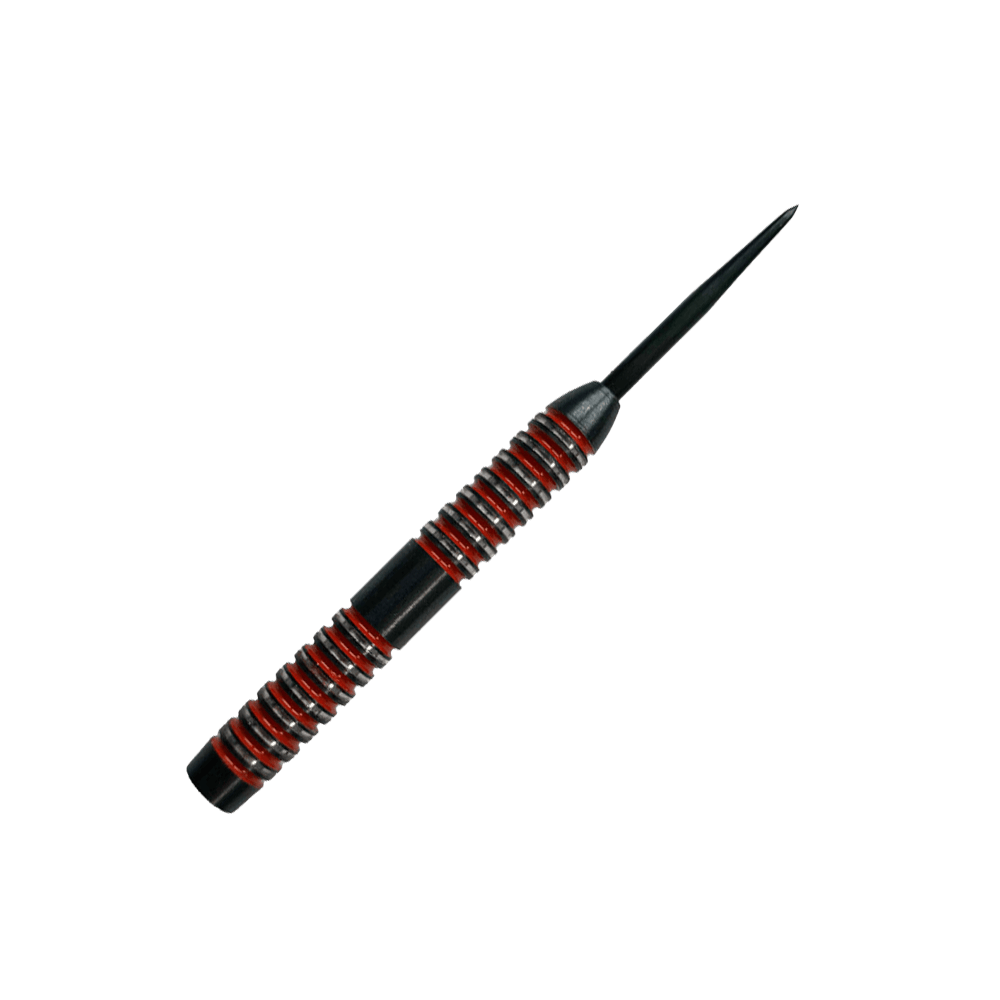Barriles McDart Crimson Steeldart Das Bild zeigt einen McDart Crimson Steeldart Barrel. Der Barrel ist schwarz mit auffälligen roten Ringen und hat ein gerilltes Design für besseren Halt.