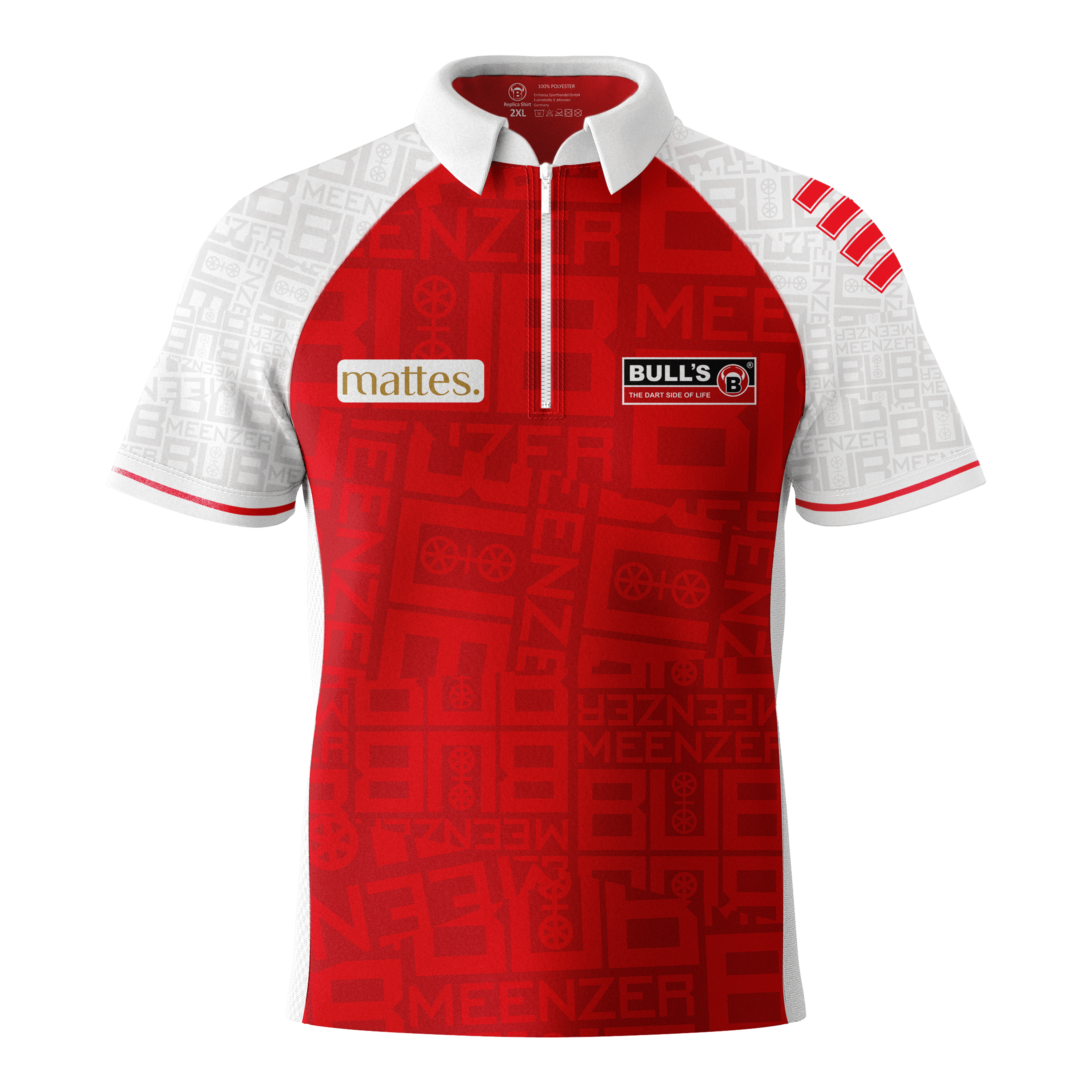 Das Bild zeigt das Bulls Niko Springer Meenzer Bub Dartshirt. Das Shirt ist rot-weiß mit verschiedenen Logos auf der Vorderseite.