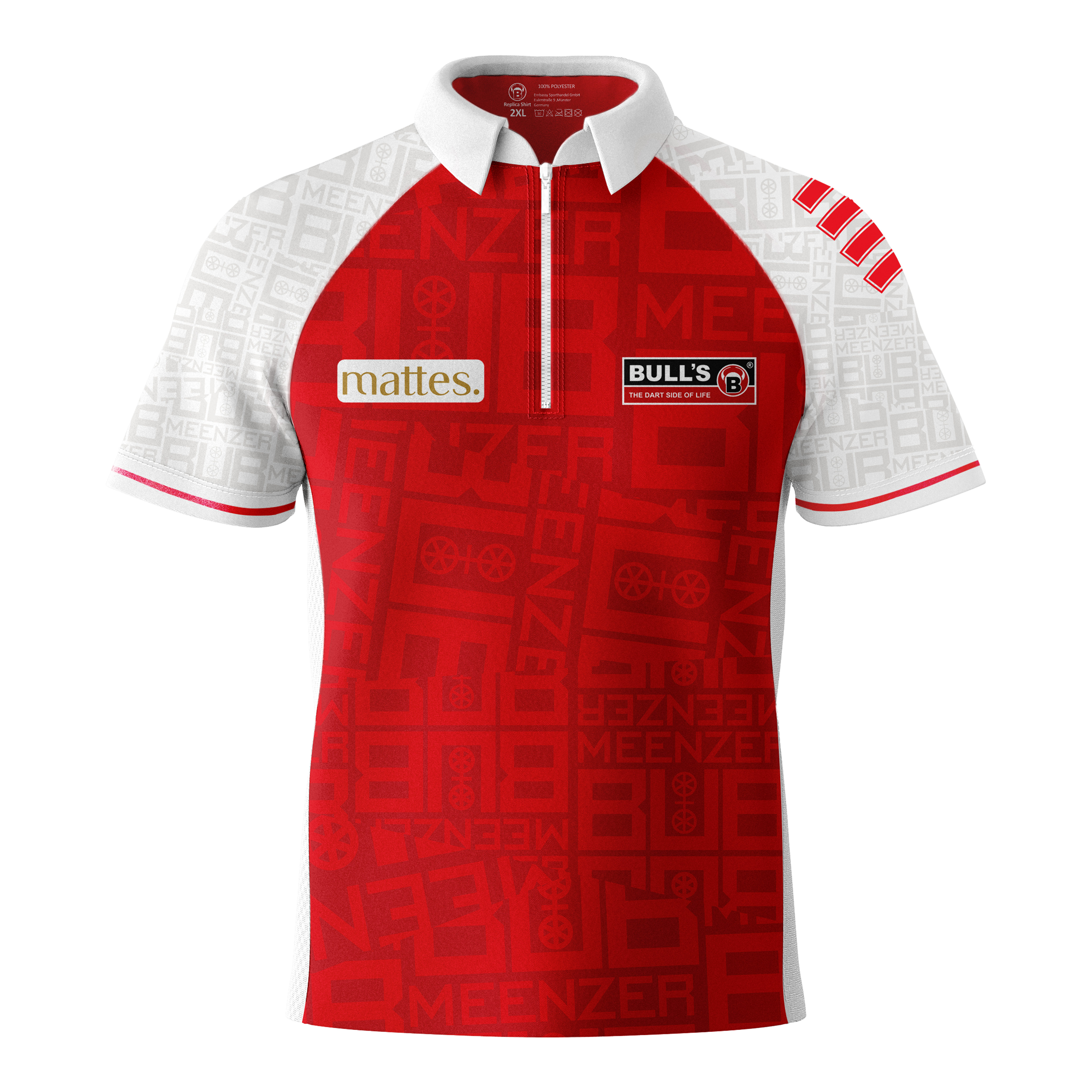Camiseta de dardos Bulls Niko Springer Meenzer Bub Das Bild zeigt das Bulls Niko Springer Meenzer Bub Dartshirt. Das Shirt ist rot-weiß mit verschiedenen Logos auf der Vorderseite.