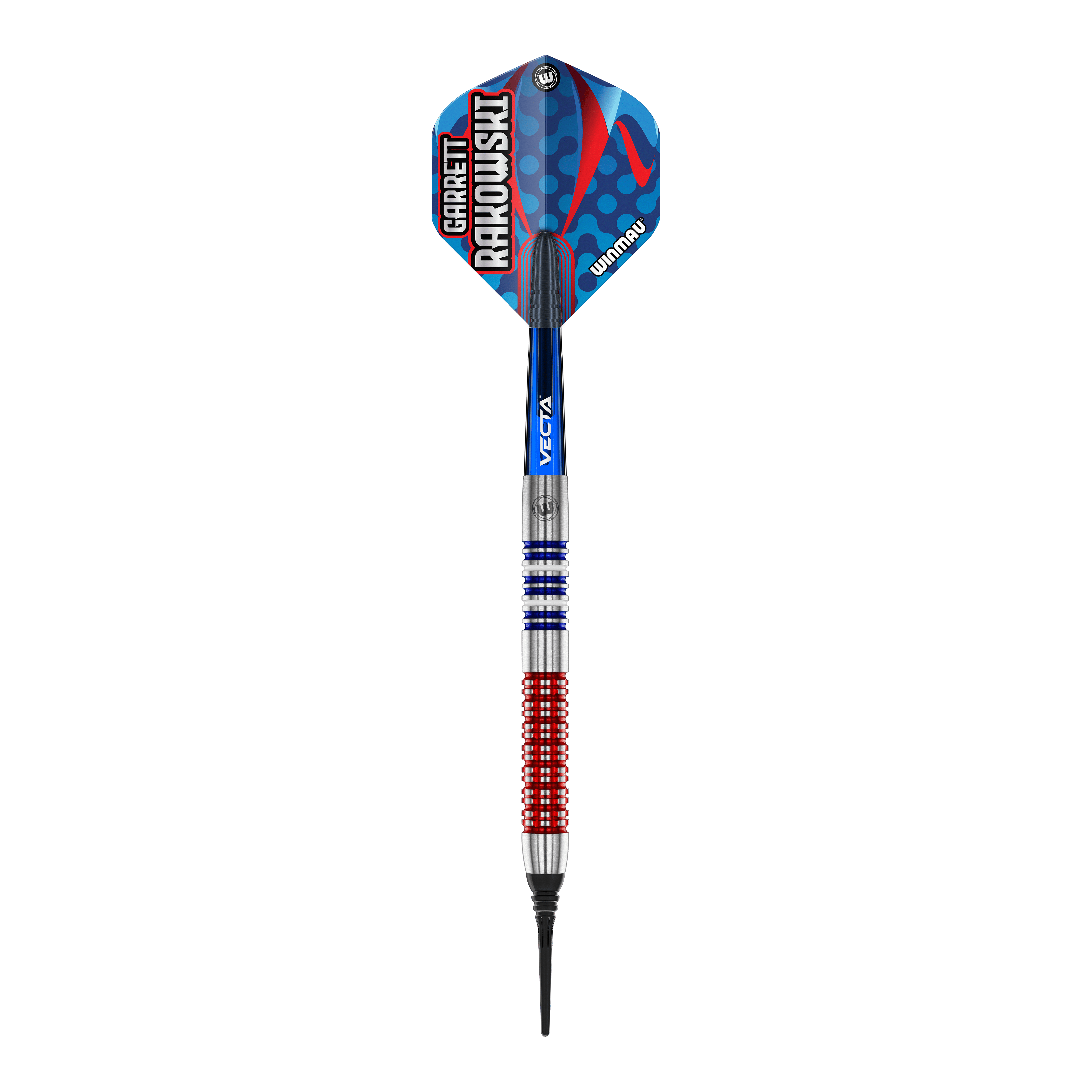 Dardos blandos Winmau Garrett Rakowski - 20g Das Bild zeigt einen Winmau Garrett Rakowski Softdart mit einem Gewicht von 20g. Der Dart hat ein farbenfrohes, modernes Design mit blauen, roten und silbernen Elementen.