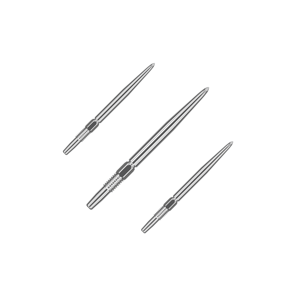 Puntas de dardos Target Swiss Point Silver Das Bild zeigt drei silberne Dartspitzen, die nebeneinander liegen. Sie sind lang und schmal mit gerillten Griffbereichen.