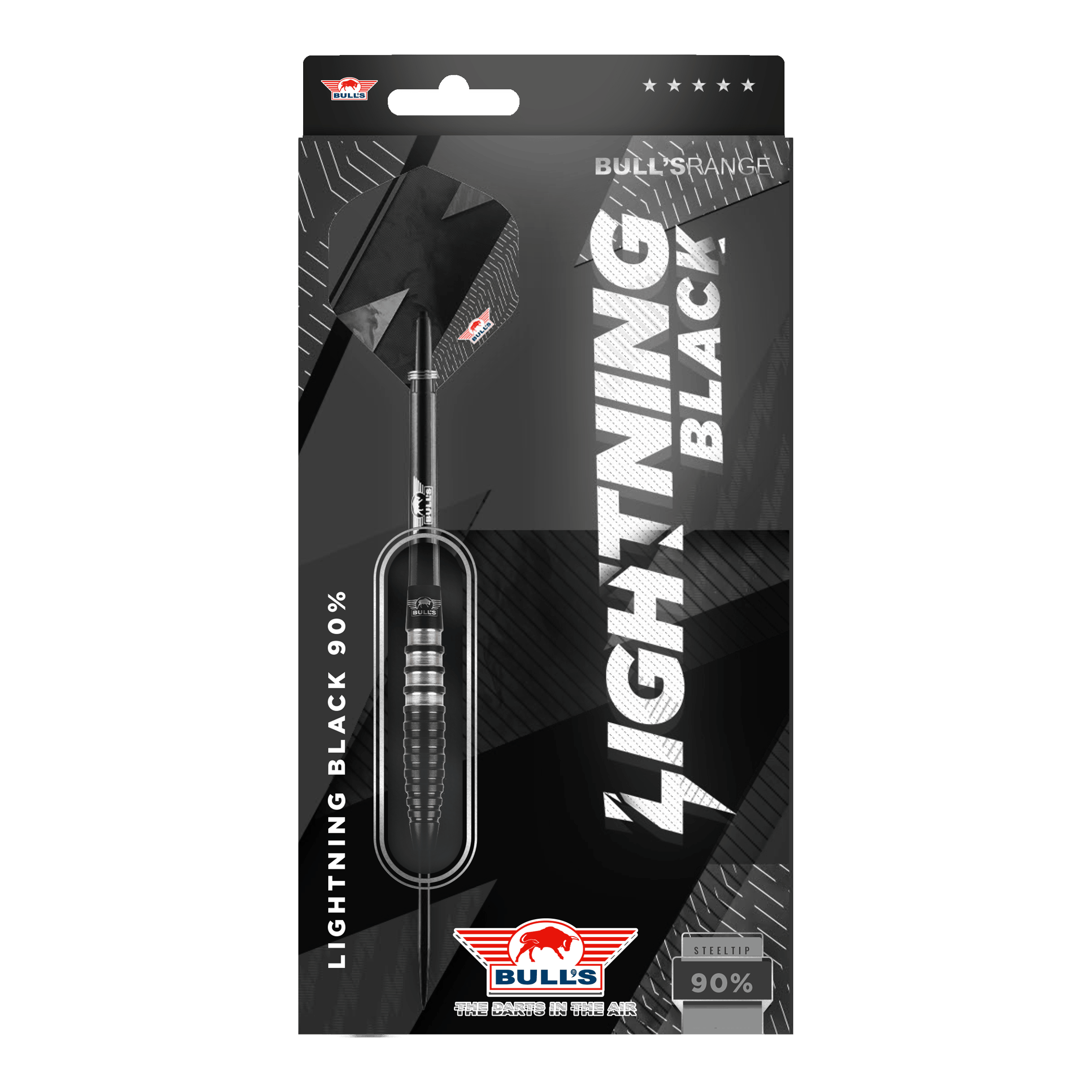 Dardos de acero negros Bulls NL Lightning Das Bild zeigt die Verpackung der "Bulls NL Lightning Black Steeldarts". Die Darts haben ein schwarzes Design und bestehen zu 90% aus Tungsten.