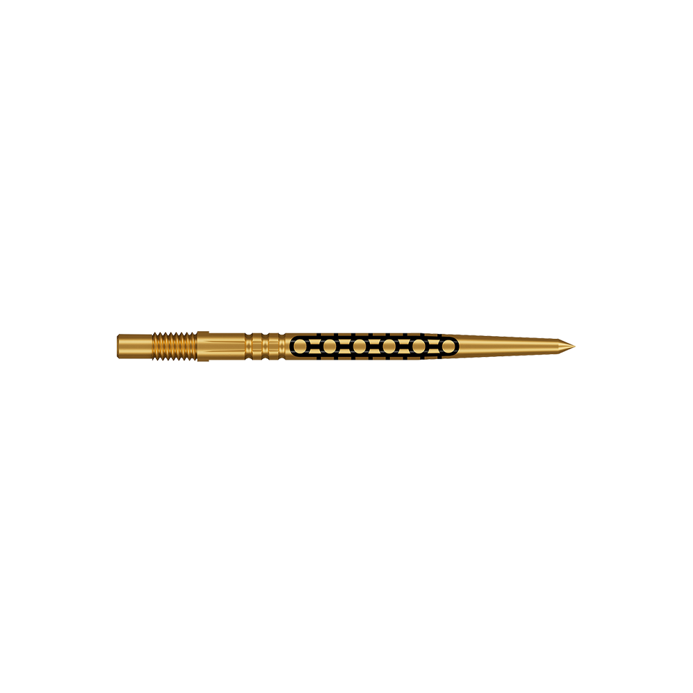 Puntas de dardo Shot Turbo Point Goths - Oro Zwei kurze Dartspitzen in glänzender Goldfarbe werden dargestellt. Sie haben ein feines, geriffeltes Design.