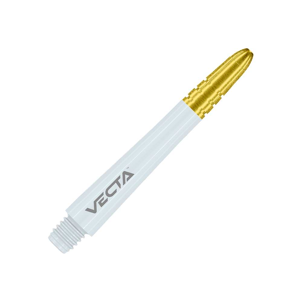 Winmau Vecta Shafts - Weiß Gold Das Bild zeigt einen weißen Dart-Schaft mit einer goldenen Spitze. Auf dem Schaft steht das Wort "VECTA".