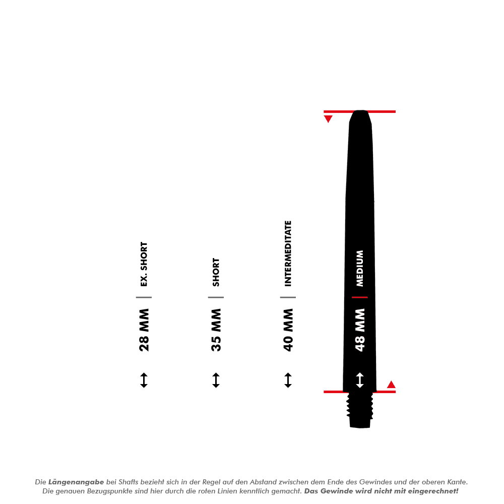565_Nylon_Shafts_5_48mm Auf dem Bild sind schwarze Nylon Shafts in drei verschiedenen Längen abgebildet. Die Längenangabe bezieht sich auf den Abstand zwischen dem Ende des Gewindes und der oberen Kante, das Gewinde wird dabei nicht mit einberechnet.