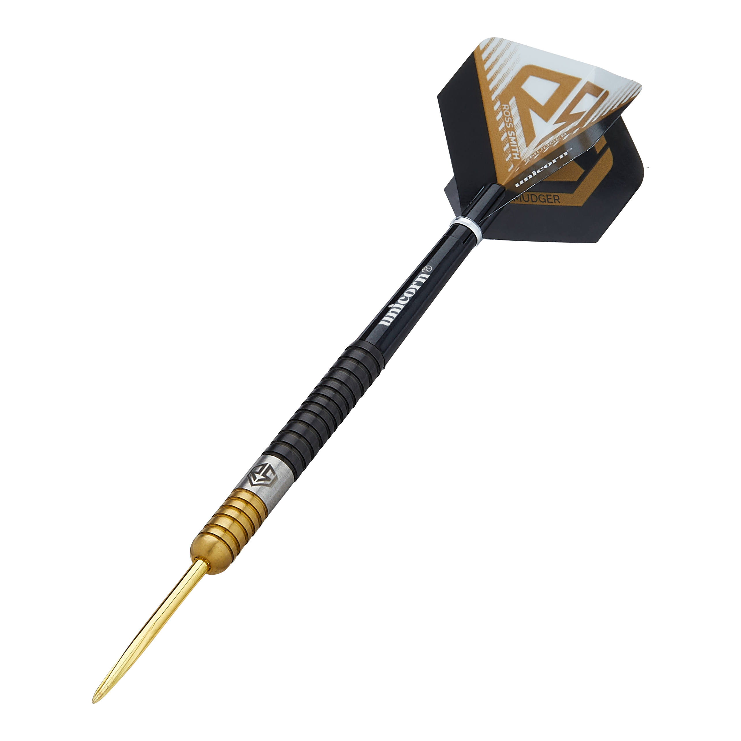 Dardos de acero bicolor Unicorn Ross Smith Dies ist ein Steeldart namens "Unicorn Ross Smith Two-Tone Steeldarts". Er hat eine goldene Spitze, einen zweifarbigen Griff und schwarze Flights mit gold-weißen Akzenten.