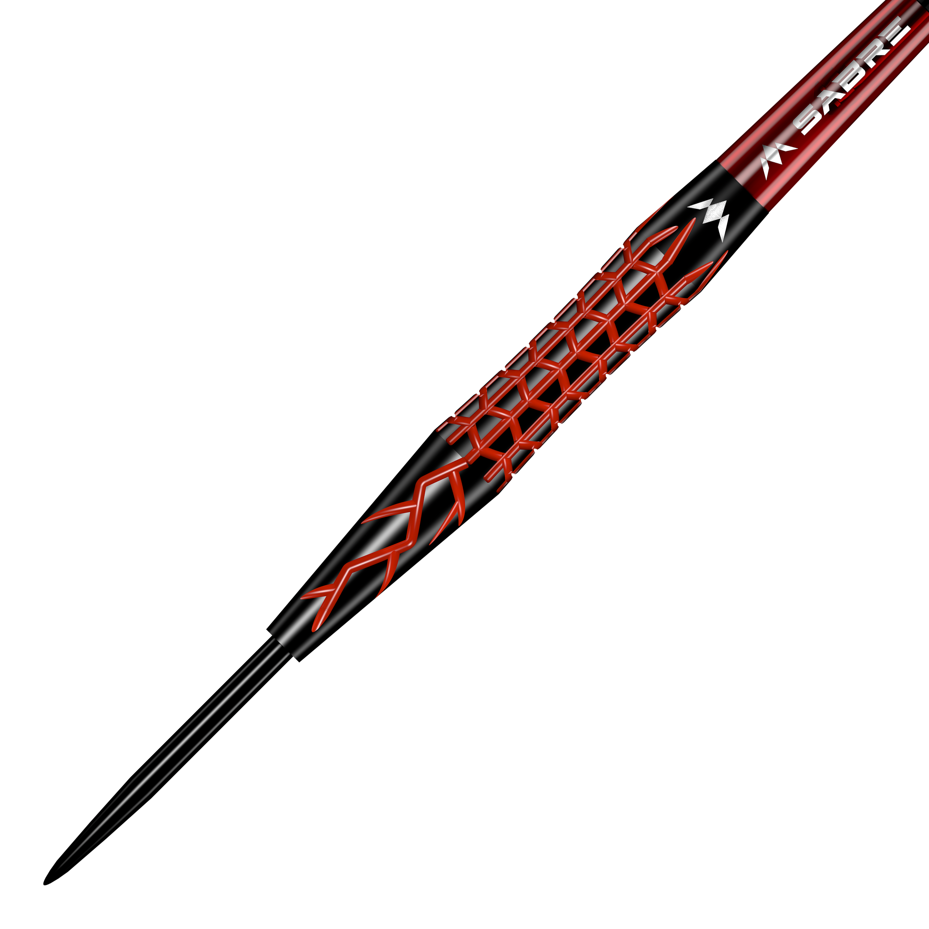Misión Lava Steeldarts Das Bild zeigt einen Mission Lava Steeldart. Der Dart hat ein auffälliges schwarzes und rotes Design mit einem rautenförmigen Muster auf dem Griff.