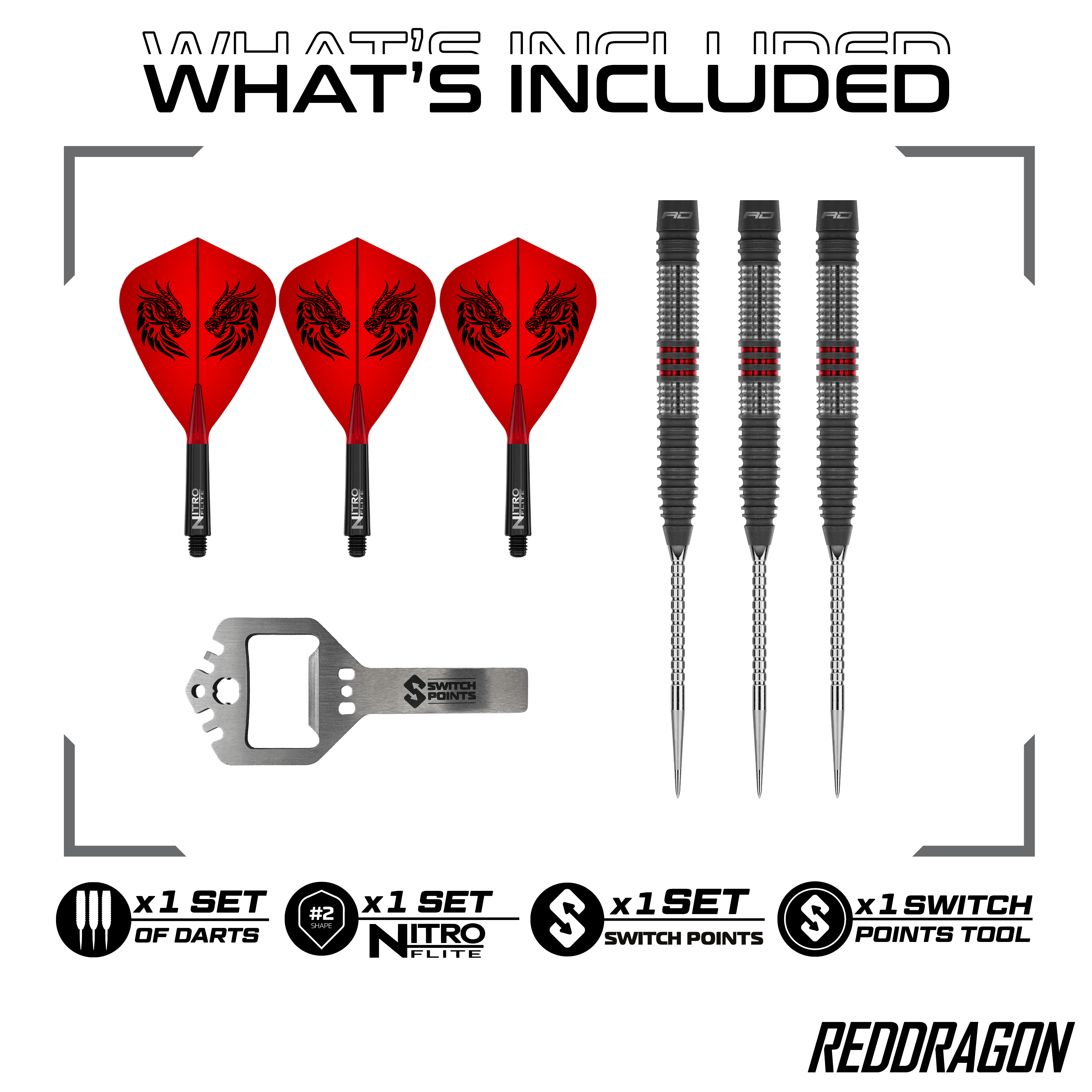 Zu sehen sind die Red Dragon Jonny Clayton Hireath Switch Point Steeldarts. Diese Pfeile sind für ihre hochwertige Verarbeitung bekannt.