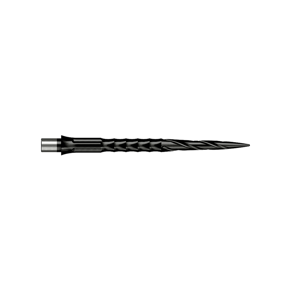 Hier sieht man eine Steeldartspitze des Caliburn Evo Systems, Modell Spiro NoLip Black, 36mm. Die Spitze ist schwarz und länger als die 32mm Variante.