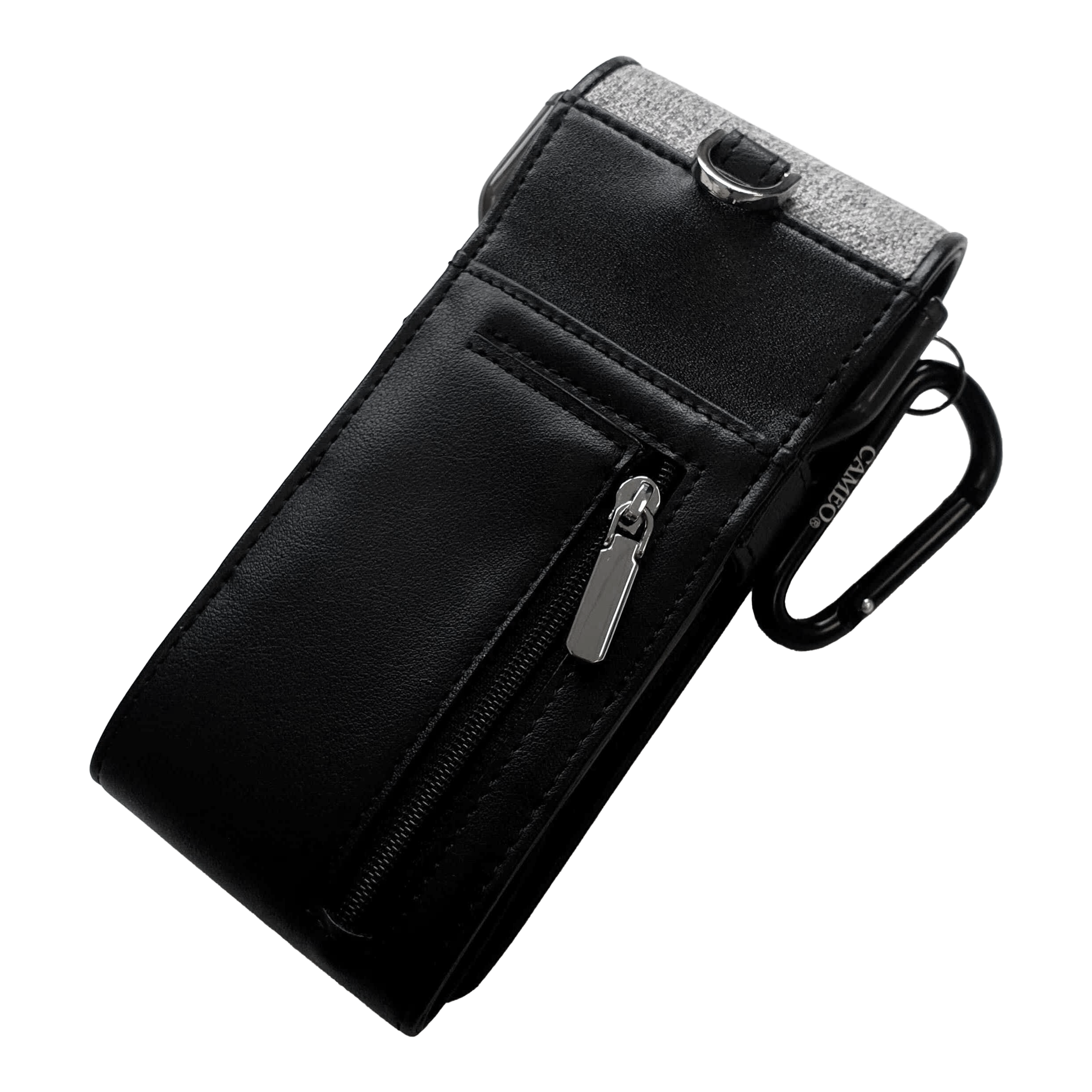 Estuche para dardos de hilo Cameo Das Bild zeigt ein elegantes schwarzes Etui mit einem Reißverschlussfach. Es hat einen silbernen Clip und eignet sich ideal zum Aufbewahren von Dartzubehör.