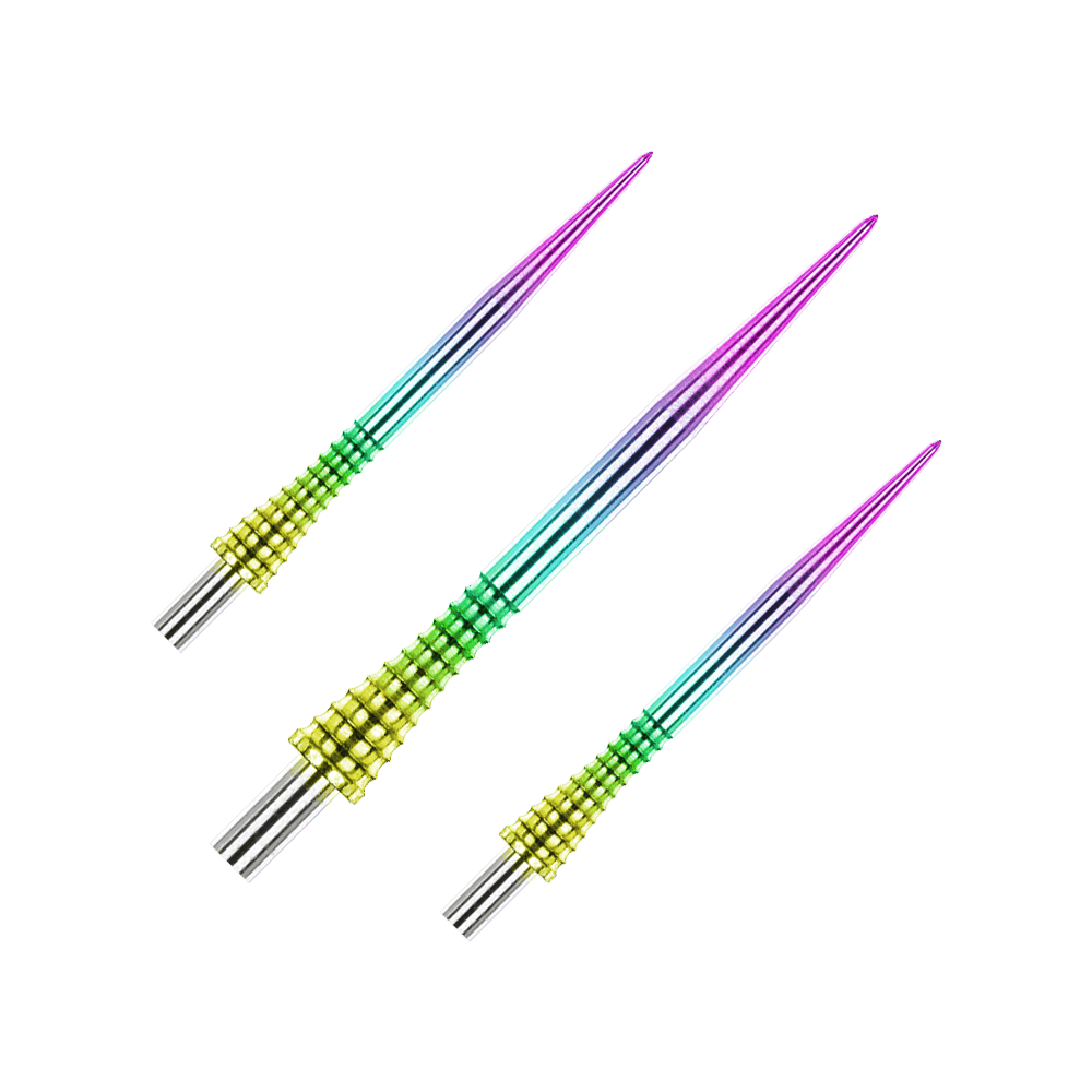 Puntas de dardos de acero arcoíris con agarre Raptor de Red Dragon de 30 mm Das Produkt Red Dragon Raptor Gripped Rainbow Steeldartspitzen 30mm ist als Set abgebildet. Die Spitzen haben ein spezielles Muster.