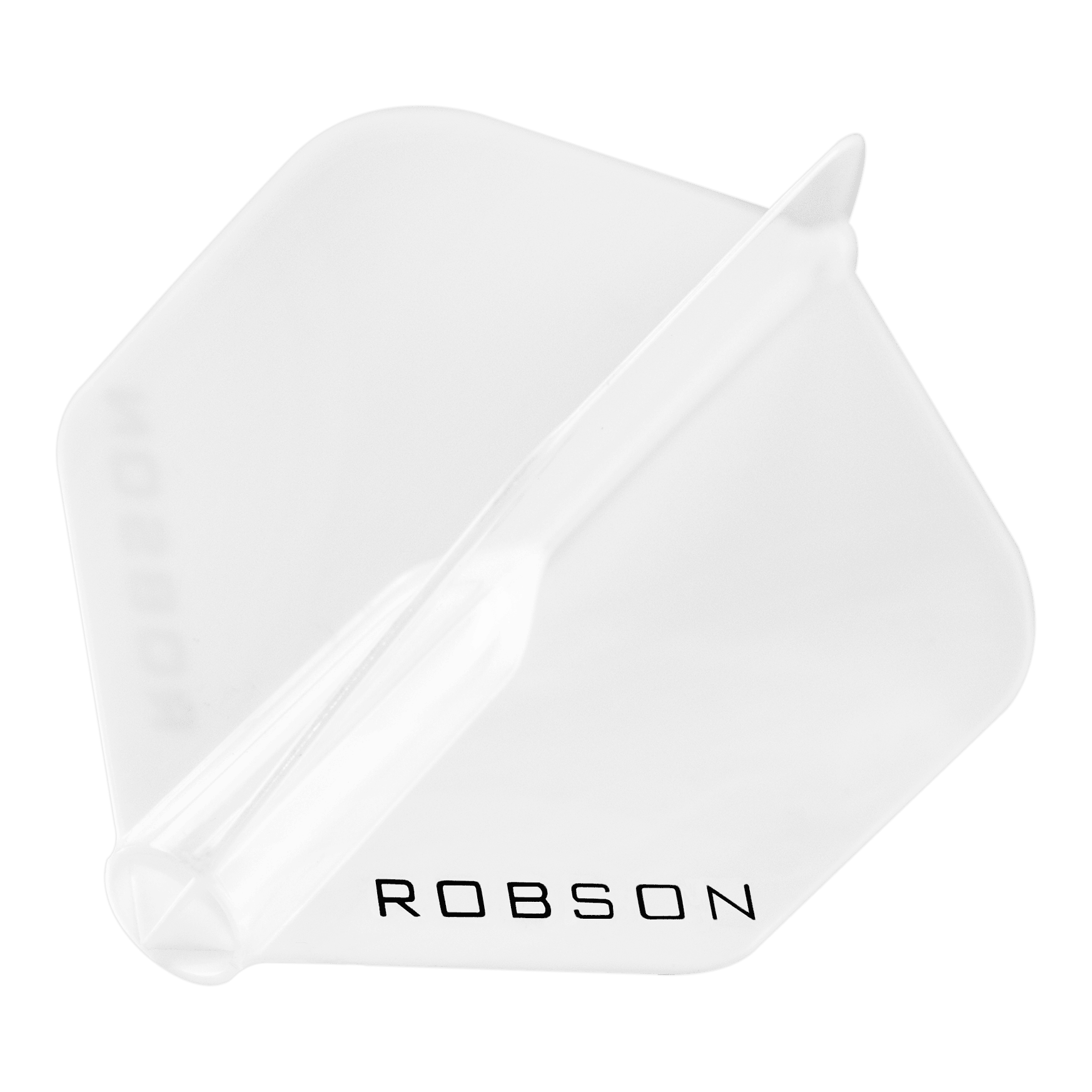 Das Bild zeigt einen transparenten Dartflight mit der Aufschrift "ROBSON". Der Flight hat eine standardmäßige, sechseckige Form.