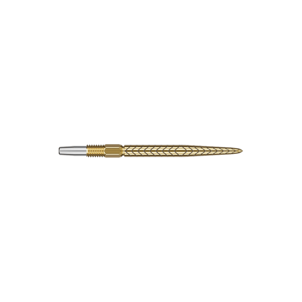 Puntas de dardos Target Swiss Point RVE - Oro Auf dem Bild ist eine goldfarbene Dartspitze mit einem Muster zu sehen. Der vordere Teil der Spitze ist silberfarben.