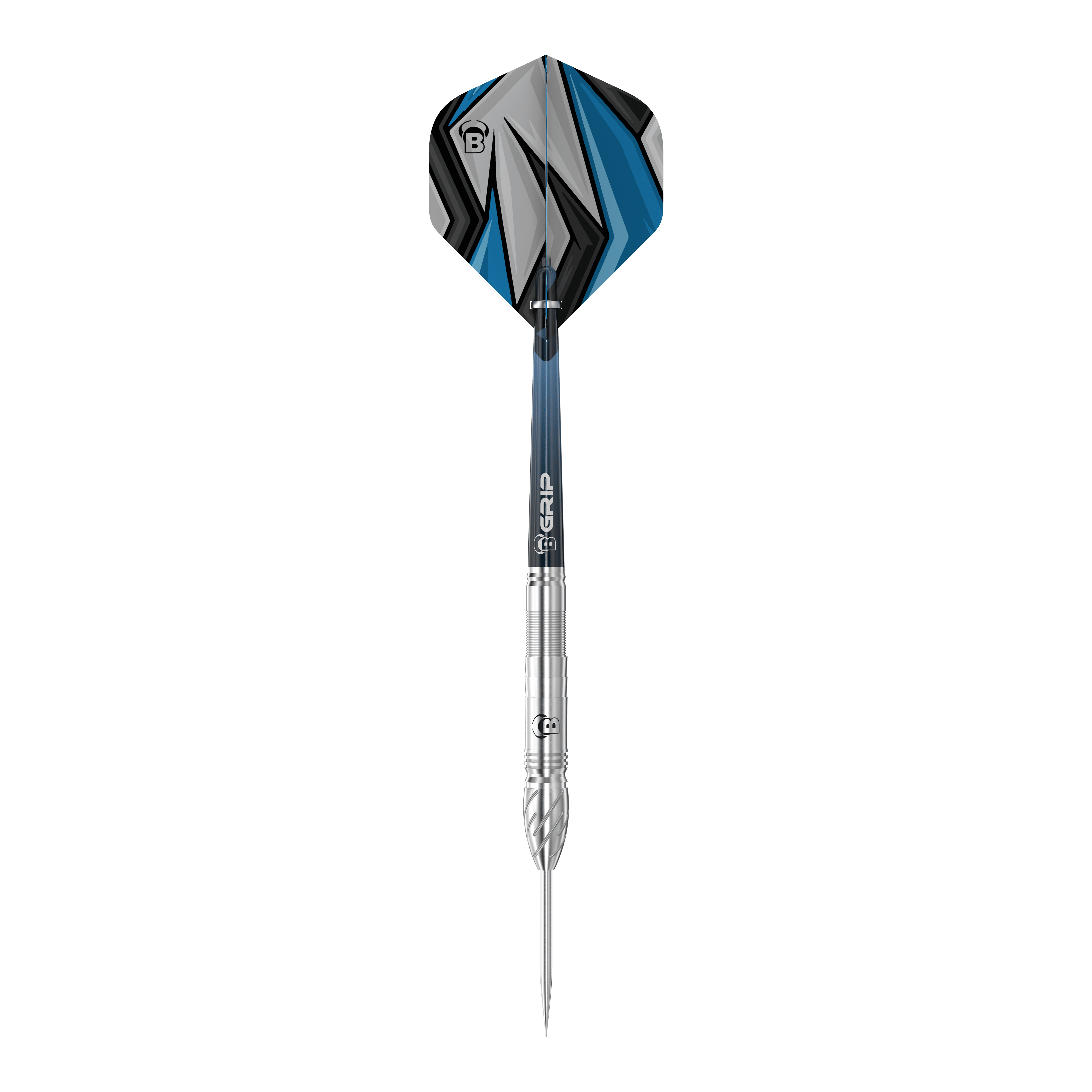 Dardos de acero Bulls Stone S1 Das Bild zeigt einen Steeldart der Marke Bulls, Modell Stone S1. Der Dart hat eine silberne Spitze und Schaft sowie ein Flight mit blau-schwarzem Muster.