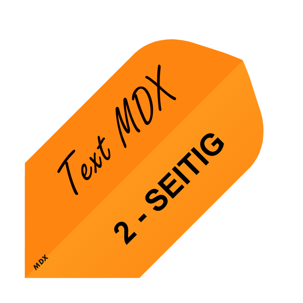 MD-454_2-Seitig_Bedruckte_Flights_Wunschtext_MDX_Orange_Slim_1 Das Bild zeigt ein orangefarbenes Quadrat mit dem Text "Text MDX" und "2-SEITIG" darauf. Es steht für das Produkt "10 Satz Bedruckte Flights 2-Seitig - Wunschtext - MDX Slim".