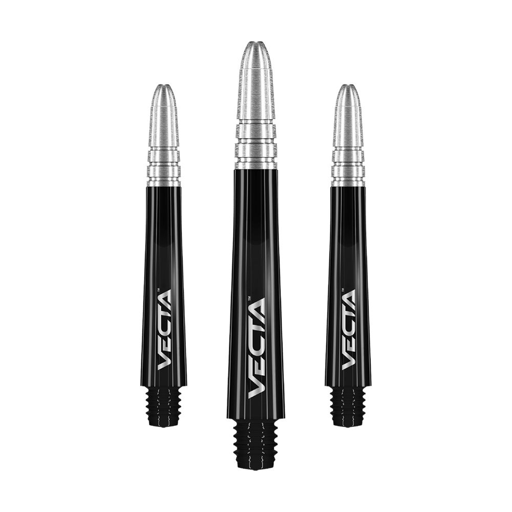 Winmau Vecta Shafts - Schwarz Silber Das Bild zeigt drei schwarze und silberne Dartschäfte der Marke Vecta. Sie sind identisch gestaltet und tragen den Schriftzug "VECTA" auf der Seite.