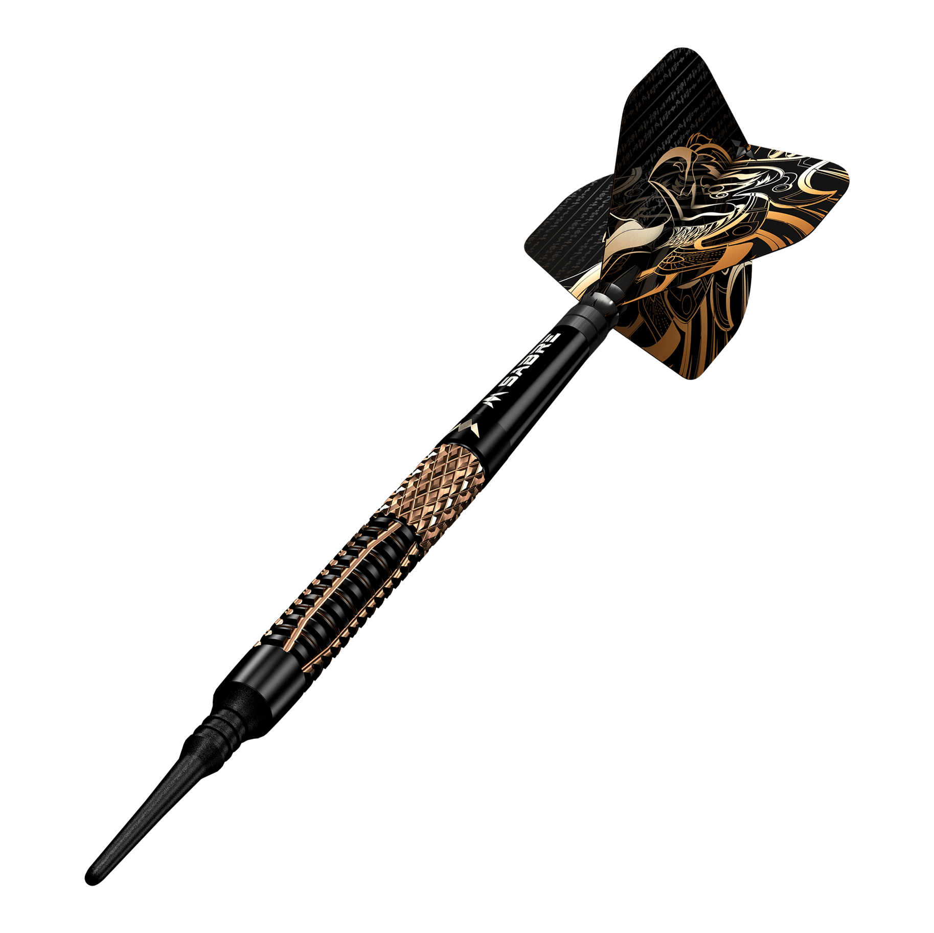 Dardos blandos Mission Horus - 19 g Das Bild zeigt einen Mission Horus Softdart mit einem Gewicht von 19 Gramm. Der Dart hat ein auffälliges schwarzes und goldenes Design.