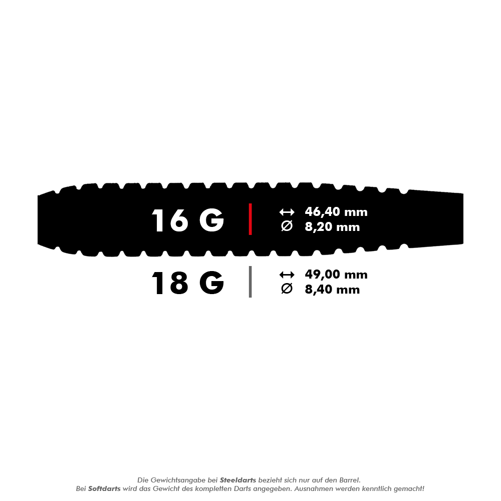 200270-Target-Phil-Taylor-Power-Silverlight-Softdarts-5-16g Das Bild zeigt die Produktspezifikationen der Target Phil Taylor Power Silverlight Softdarts. Die Darts wiegen 16 Gramm, sind 46,40 mm lang und haben einen Durchmesser von 8,20 mm.