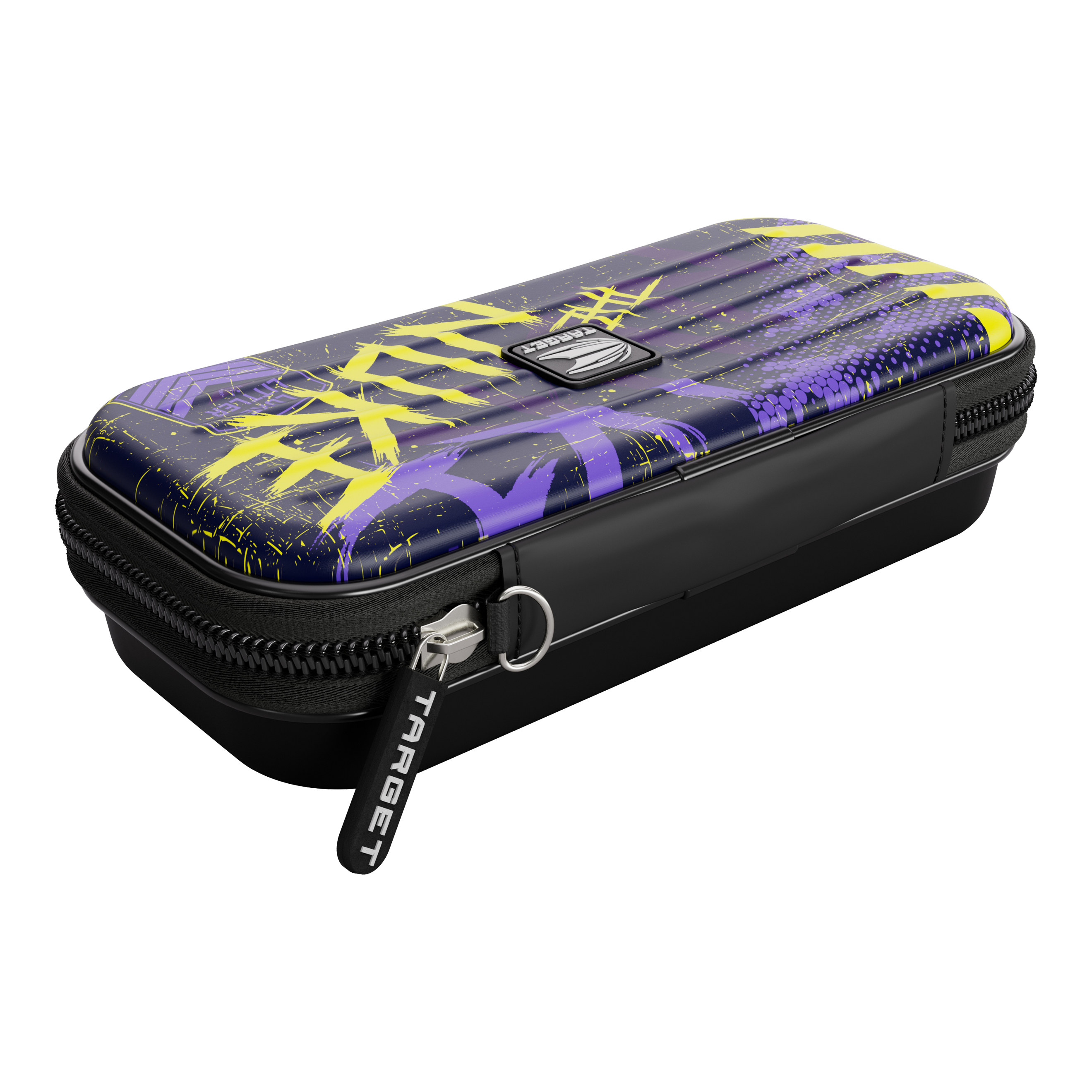 Estuche para dardos Target Takoma Luke Littler Das Bild zeigt das "Target Takoma Luke Littler Dartcase" mit einem auffälligen Design in Lila, Gelb und Schwarz. Das Etui hat einen Reißverschluss und das Target-Logo ist gut sichtbar.