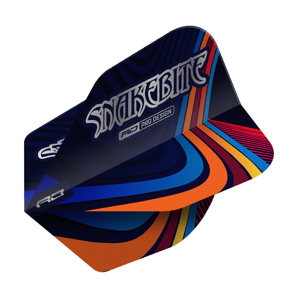 Dragon Rojo Peter Wright Snakebite Multi Swirl No6 Flights Das Bild zeigt ein Dartflight mit dem Namen "Red Dragon Peter Wright Snakebite Multi Swirl No6 Flights". Das Flight-Design ist bunt mit geschwungenen Linien in Blau, Orange, Rot und Gelb, und trägt die Aufschrift "Snakebite".