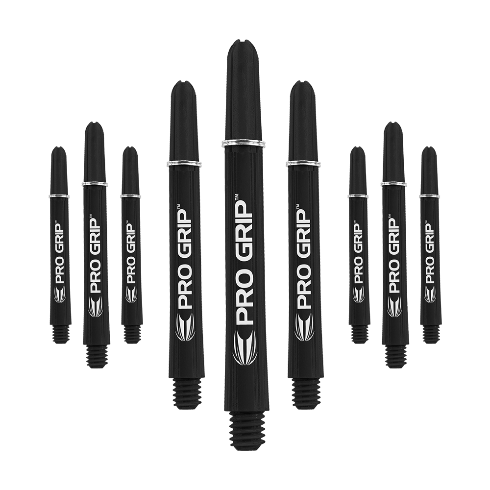 Auf dem Bild sind neun schwarze Pro Grip Dartschäfte zu sehen. Sie sind in drei Reihen angeordnet und auf jedem Schaft steht "PRO GRIP" in weißer Schrift.